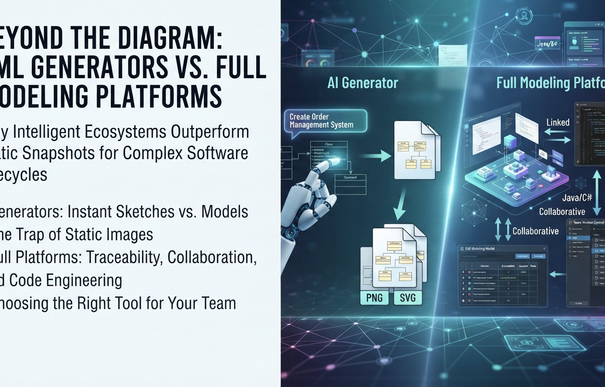 UML-Diagram-Generatoren im Vergleich zu umfassenden Modellierungsplattformen: Warum eine nicht ausreicht UML-Diagram-Generatoren im Vergleich zu umfassenden Modellierungsplattformen: Warum eine nicht ausreicht