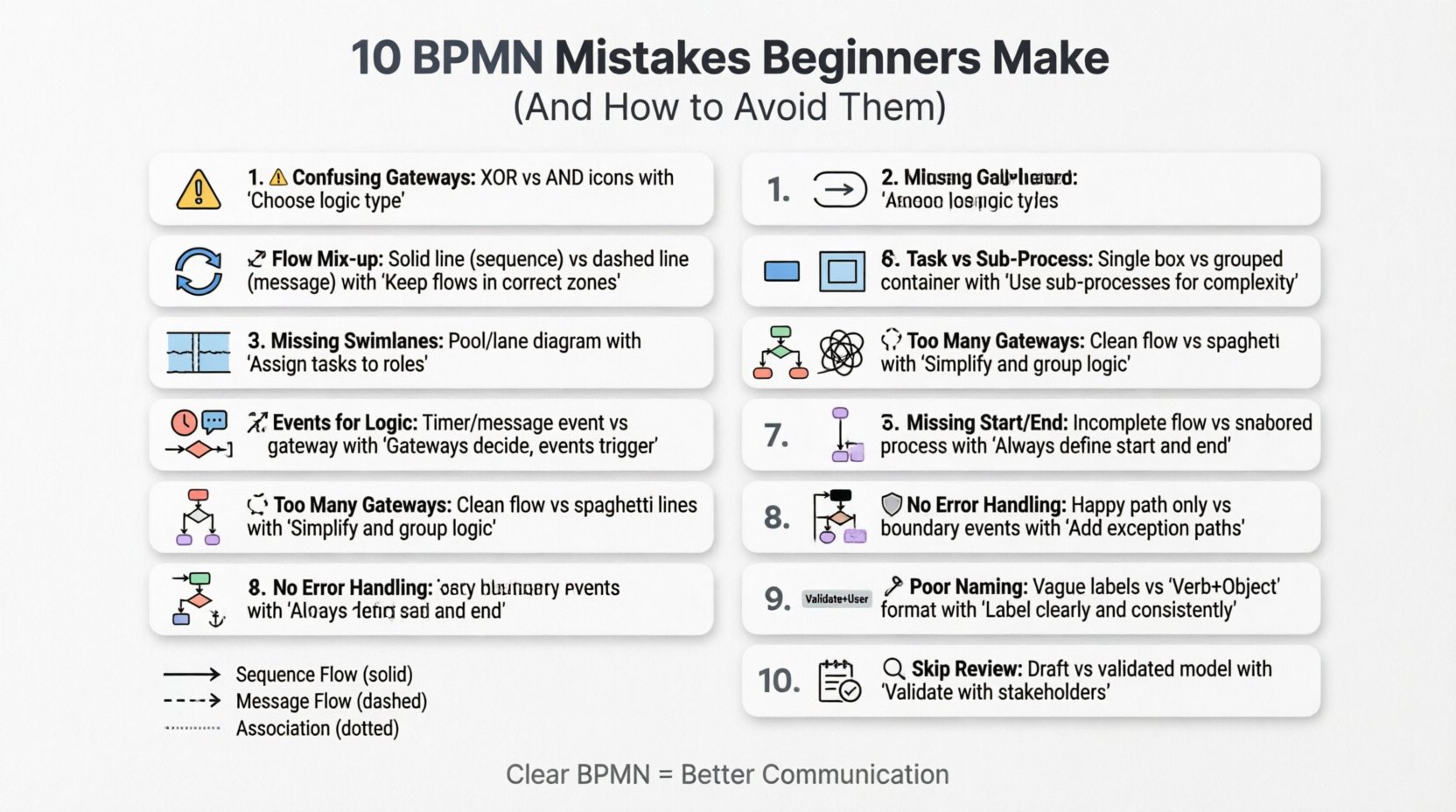 10 errores comunes de BPMN que los principiantes cometen (y cómo evitarlos)