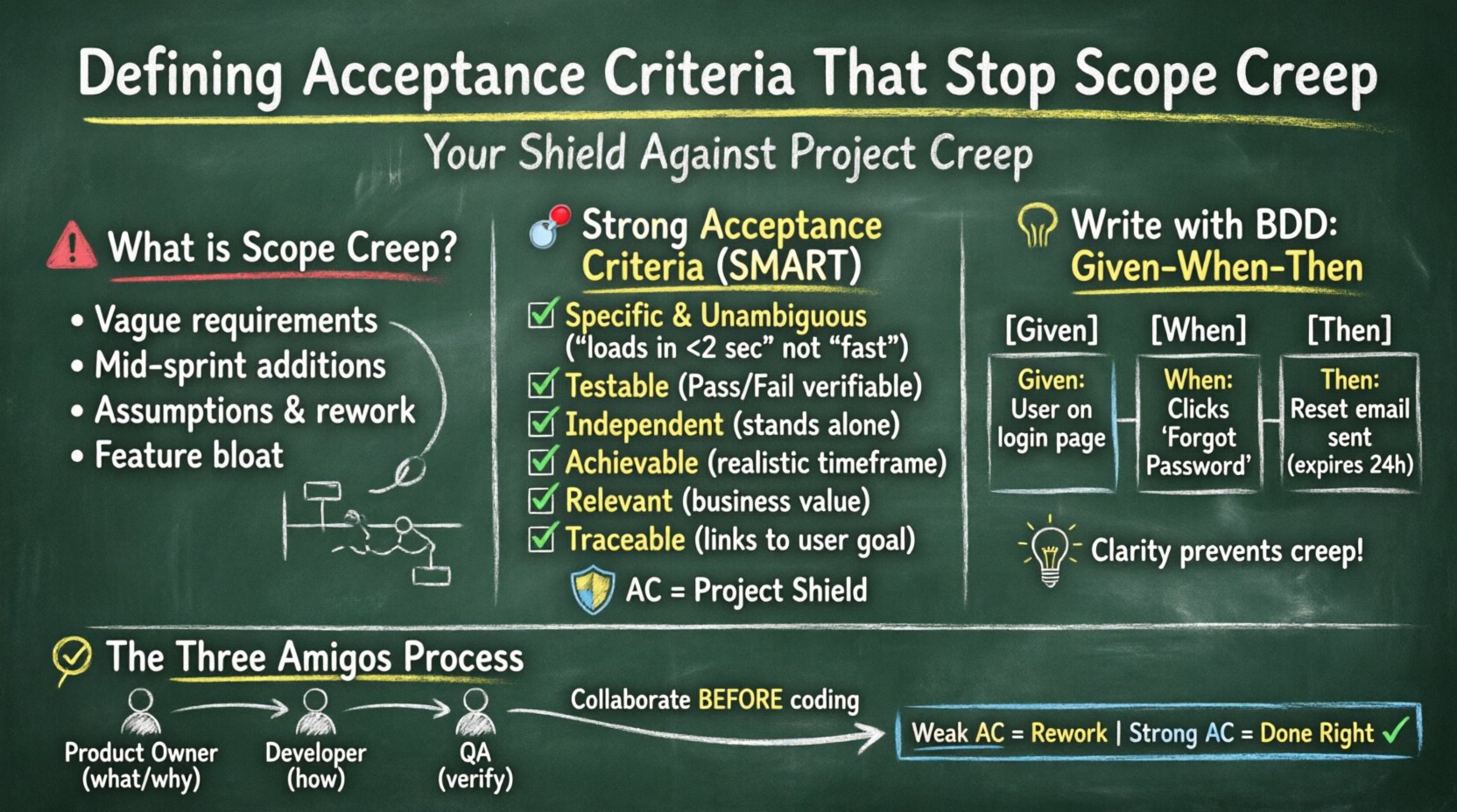Chalkboard-style infographic titled 'Defining Acceptance Criteria That Stop Scope Creep' showing: scope creep causes (vague requirements, mid-sprint changes), six characteristics of strong acceptance criteria (Specific, Testable, Independent, Achievable, Relevant, Traceable), BDD Given-When-Then framework example, and the Three Amigos collaboration process (Product Owner, Developer, QA) - all illustrated with hand-drawn chalk aesthetics on a dark green board for easy educational reference