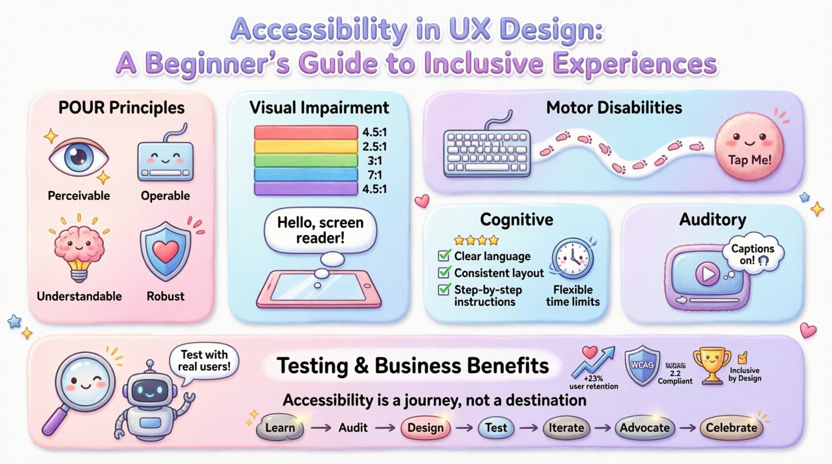 Kawaii-style infographic summarizing accessibility in UX design: features the POUR principles (Perceivable, Operable, Understandable, Robust), design tips for visual/motor/cognitive/auditory impairments, color contrast ratios, keyboard navigation, screen reader compatibility, testing strategies, and business benefits of inclusive design, illustrated with cute chibi characters, pastel colors, and friendly icons to make accessibility concepts approachable for beginners