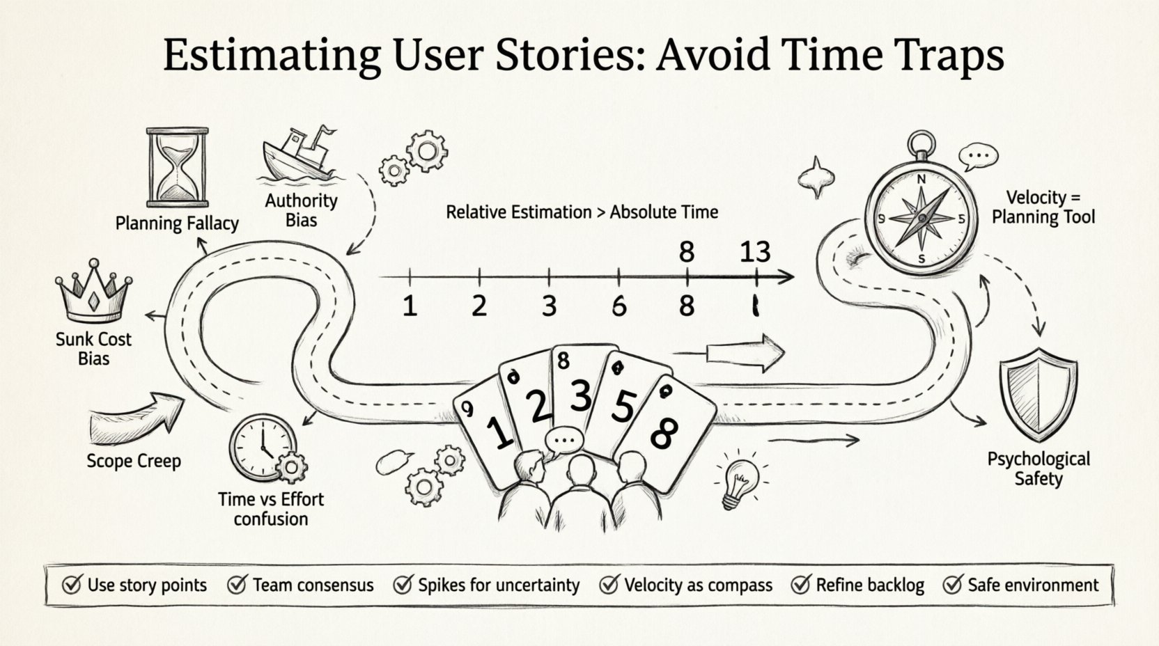 Line art infographic illustrating agile user story estimation best practices: avoiding five common time-based traps, using relative estimation with Fibonacci story points, Planning Poker consensus technique, managing uncertainty with spikes, treating velocity as a planning compass, and fostering psychological safety for accurate team forecasting