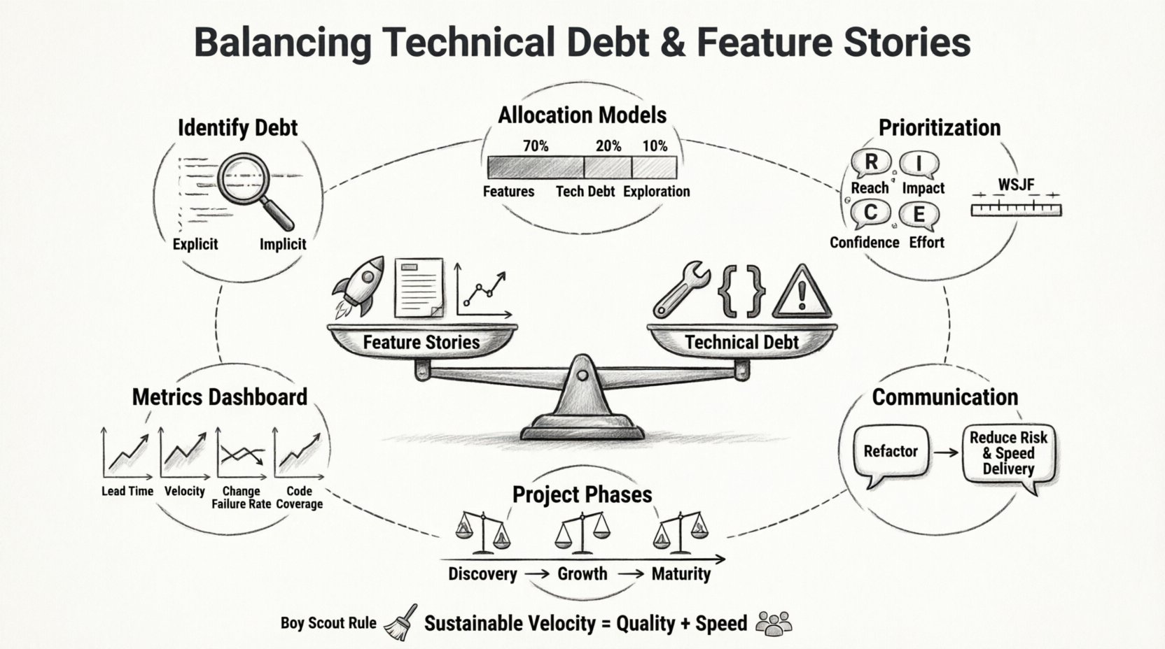 Line art infographic illustrating how software teams balance technical debt and feature stories in sprint planning, featuring a central scale visualizing the tension between new features and code maintenance, surrounded by six key sections: identifying explicit and implicit debt, 70-20-10 allocation model, RICE and WSJF prioritization frameworks, stakeholder communication strategies translating tech debt to business value, essential metrics dashboard (lead time, velocity, change failure rate, code coverage), and project phase adaptation from discovery to maturity, all designed to help teams achieve sustainable velocity through intentional planning and shared ownership