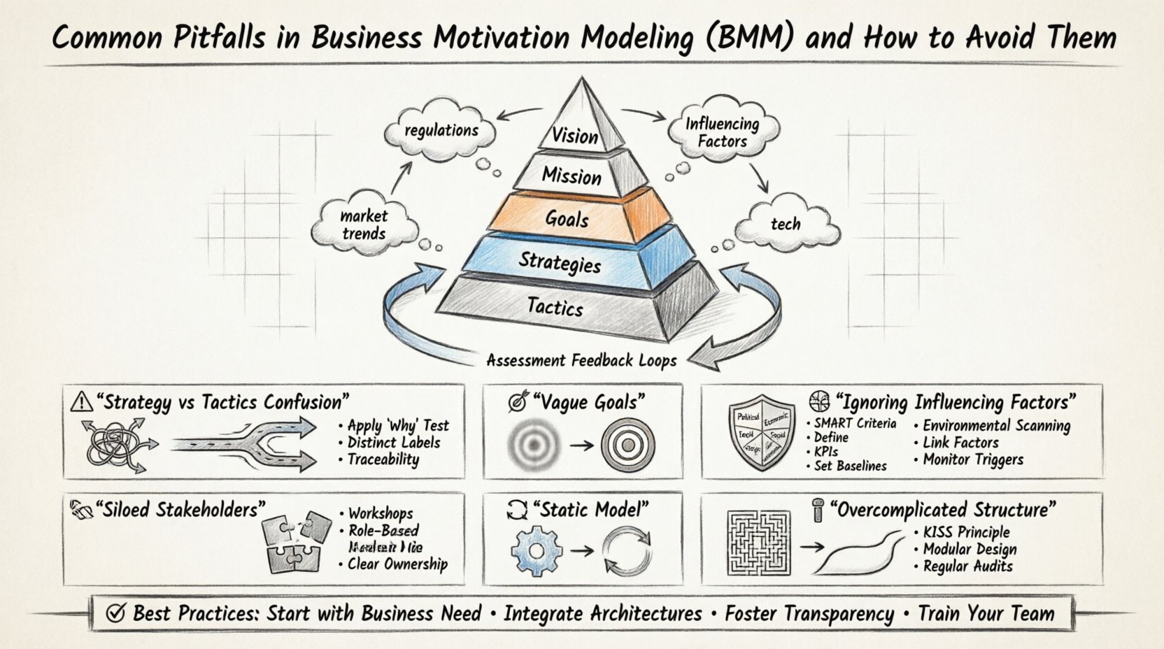 Sketch-style infographic illustrating six common pitfalls in Business Motivation Modeling (BMM) with solutions: confusing strategy with tactics, vague goals, ignoring influencing factors, siloed stakeholders, static models, and overcomplicated structure; includes BMM hierarchy pyramid (Vision-Mission-Goals-Strategies-Tactics) and best practices for implementation
