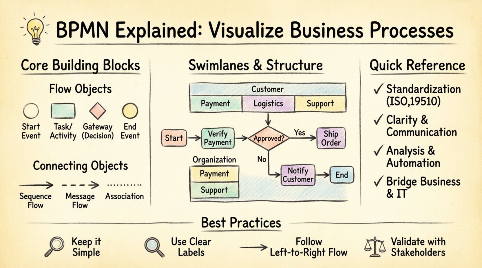 Hand-drawn infographic explaining BPMN (Business Process Model and Notation) for beginners, featuring thick outline stroke illustrations of core BPMN symbols including events (circles), activities (rounded rectangles), gateways (diamonds), and connecting objects; visual demonstration of swimlanes organizing tasks by role; simplified order processing workflow example showing decision paths; quick-reference checklist of BPMN benefits (standardization, clarity, analysis, automation); and best practices tips for process modeling, all presented in a warm, sketch-style aesthetic with pastel colors on textured paper background for intuitive business process visualization learning