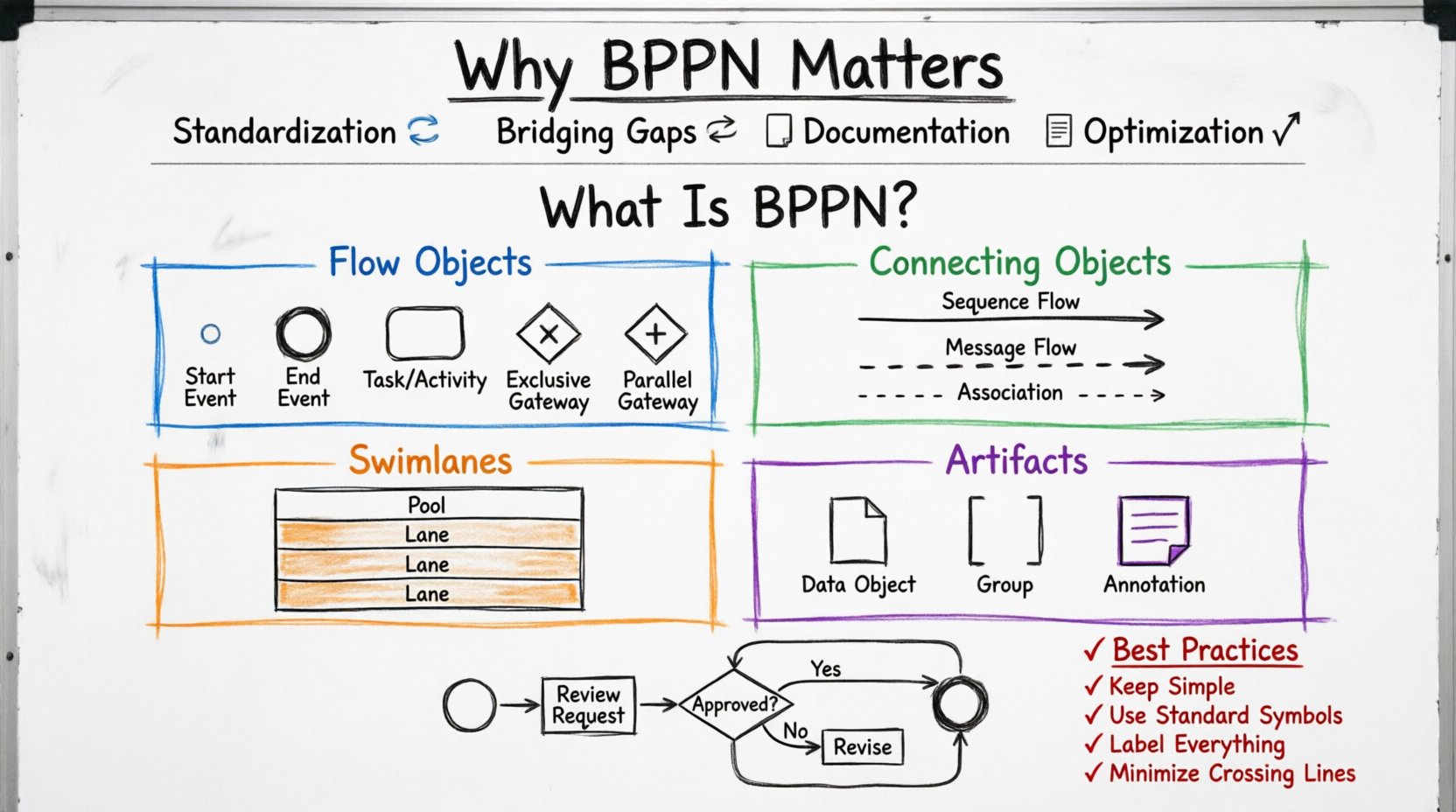 Hand-drawn whiteboard infographic explaining BPMN (Business Process Model and Notation) for newcomers, featuring color-coded marker sections for Flow Objects (events as circles, activities as rounded rectangles, gateways as diamonds), Connecting Objects (solid/dashed/dotted arrows), Swimlanes (pools and lanes for role separation), and Artifacts (data objects, annotations), plus a simple example workflow from start to end event and a best practices checklist, all rendered in an educational marker-style illustration on a textured whiteboard background with 16:9 aspect ratio
