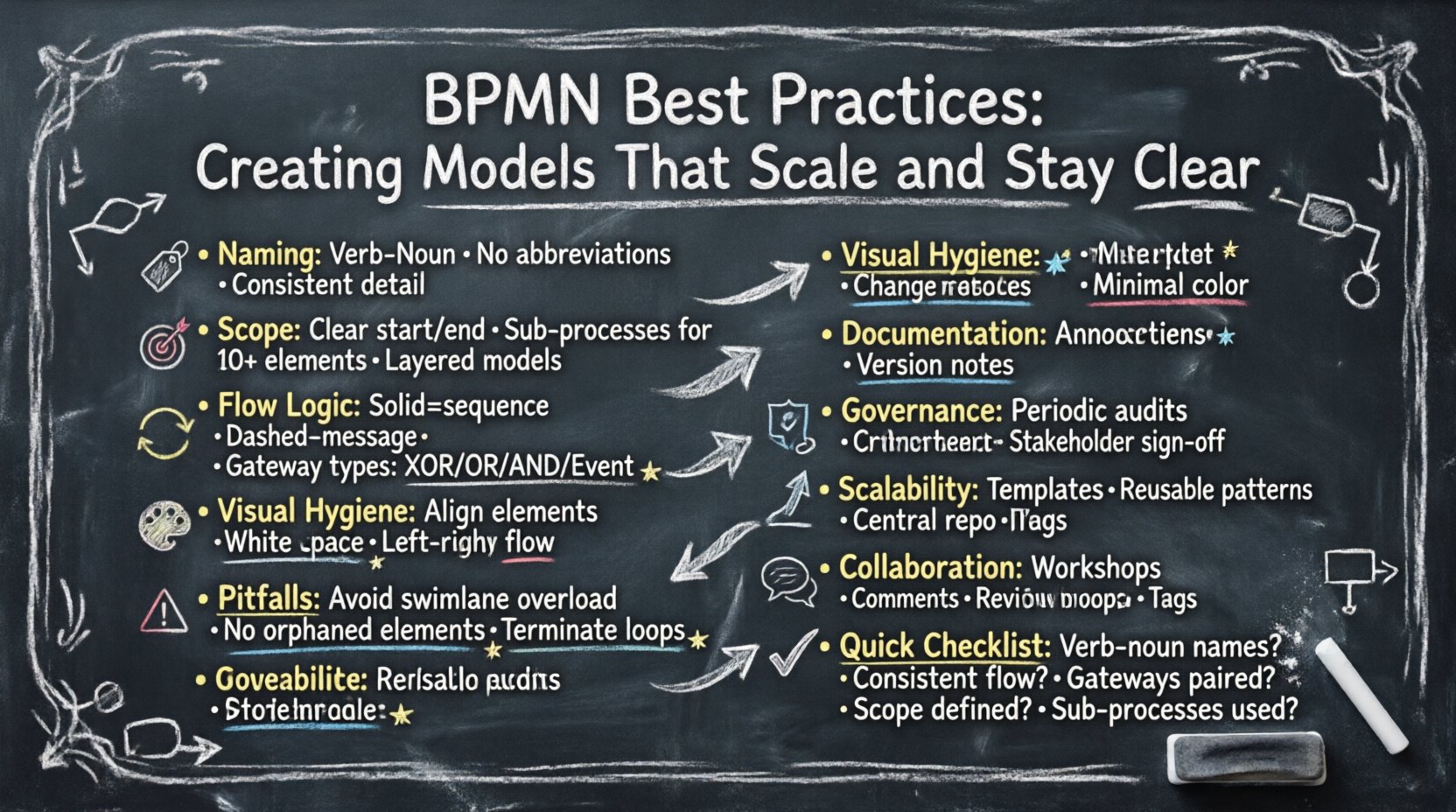 Chalkboard-style infographic illustrating 10 BPMN best practices for creating scalable, clear process models: naming conventions, scope management, flow logic, visual hygiene, documentation, governance, common pitfalls, scalability strategies, collaboration tips, and a final checklist - presented with hand-written chalk aesthetic and BPMN symbols
