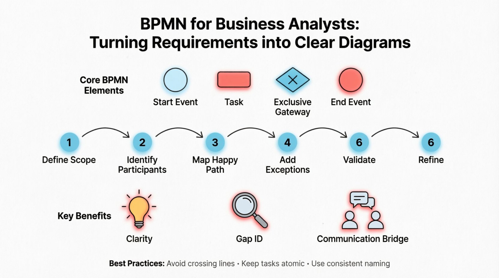 BPMN for Business Analysts infographic: visual guide to Business Process Model and Notation featuring core symbols (events, activities, gateways), 6-step workflow for turning requirements into diagrams, and key benefits like clarity and stakeholder communication, designed with clean flat style, black outlines, and pastel accent colors for educational and social media use