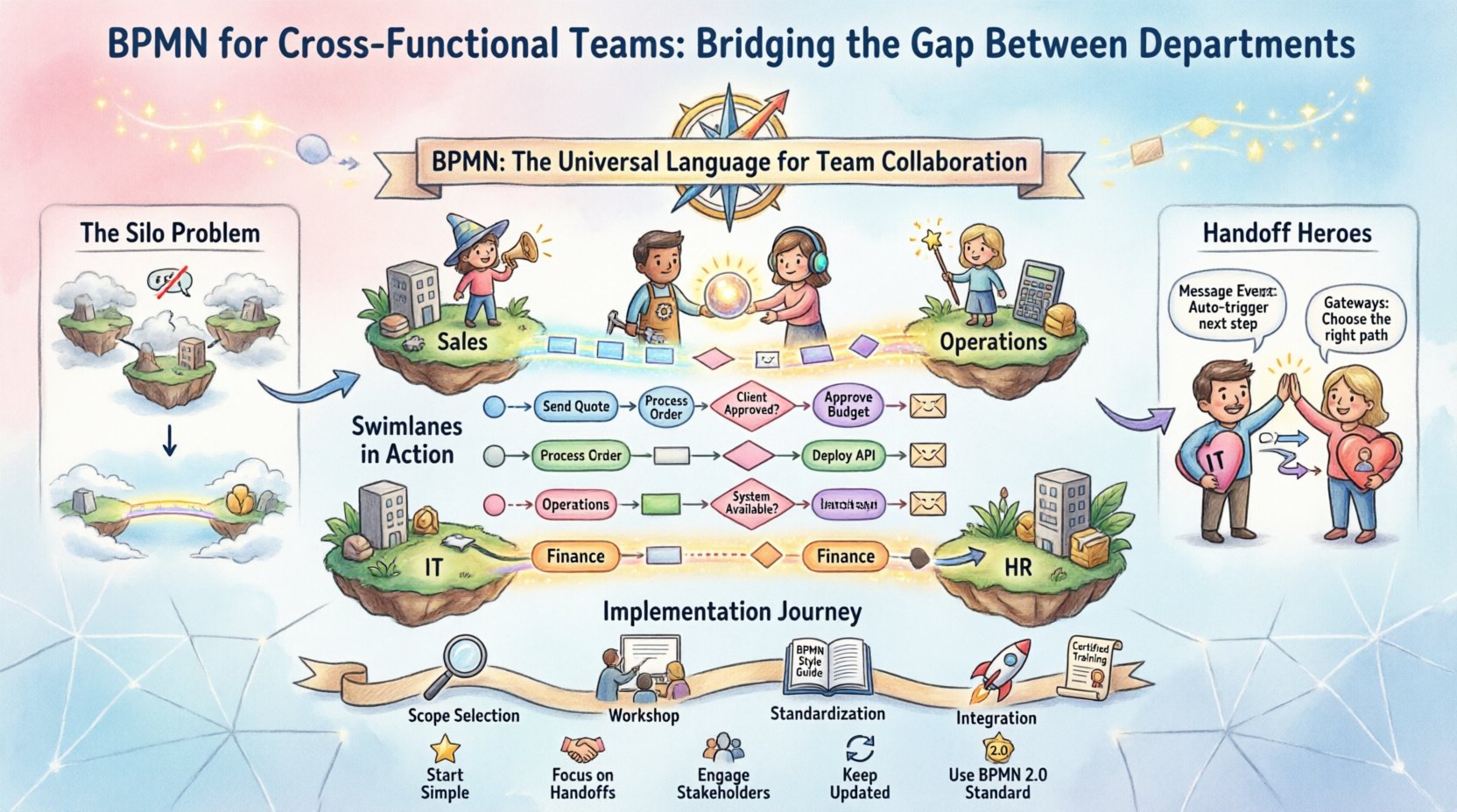 Whimsical infographic illustrating how BPMN 2.0 bridges departmental silos: floating islands labeled Sales, Operations, IT, Finance, and HR connected by rainbow bridges of BPMN symbols; colorful swimlanes showing task ownership and handoffs; cartoon teams passing a golden work-ball across lane boundaries; key symbols explained (Start/End Events, Tasks, Gateways, Message Flows); implementation roadmap with four phases (Selection, Workshop, Standardization, Integration); best practices highlighted as golden stars. Visual style: playful watercolor illustration with friendly characters, sparkles, and clear English labels. Teaches cross-functional teams to visualize workflows, clarify accountability, reduce handoff friction, and foster shared process ownership using standardized BPMN notation.