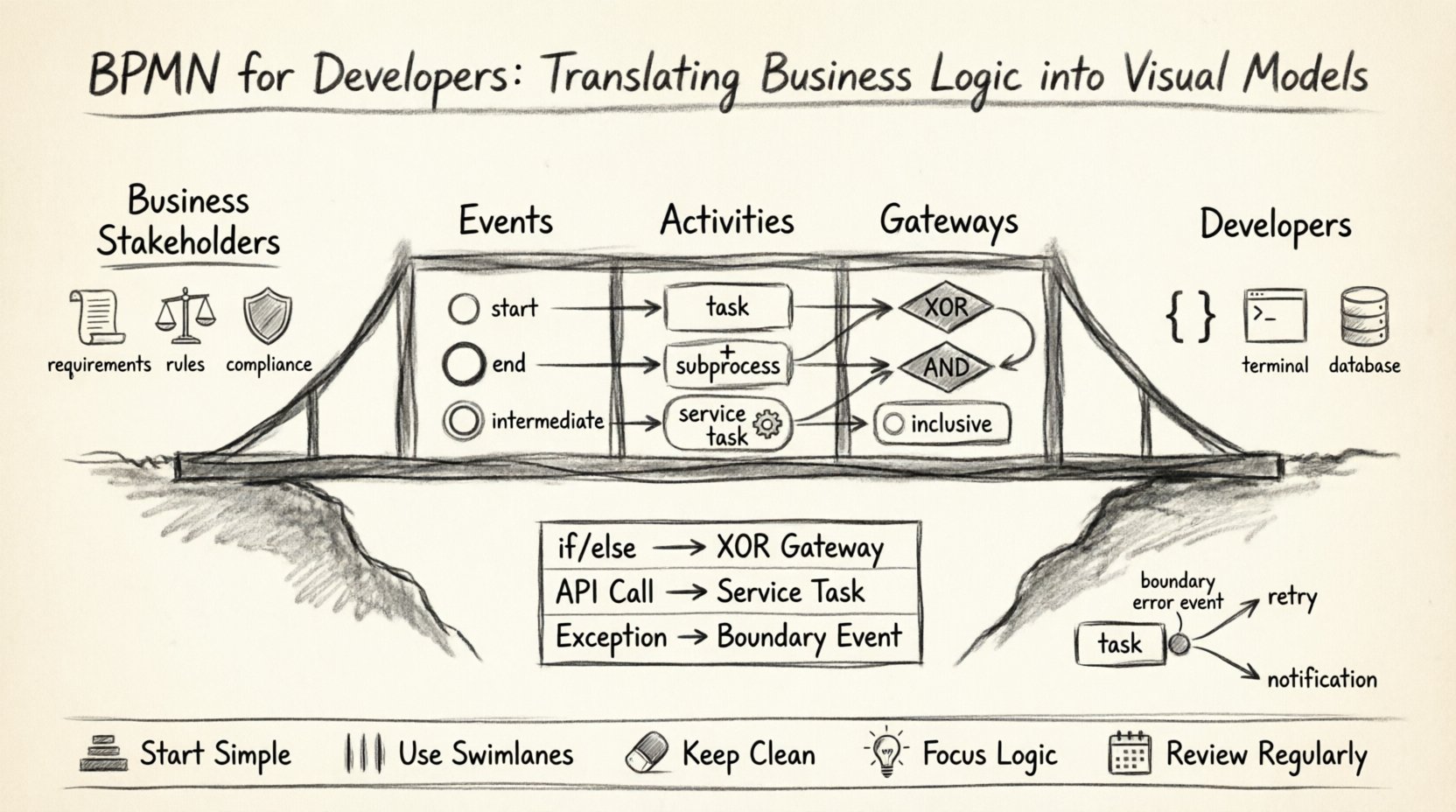 Charcoal sketch infographic showing BPMN core elements (events, activities, gateways) bridging business stakeholders and developers, with code-to-BPMN mappings and best practices for translating business logic into visual workflow models
