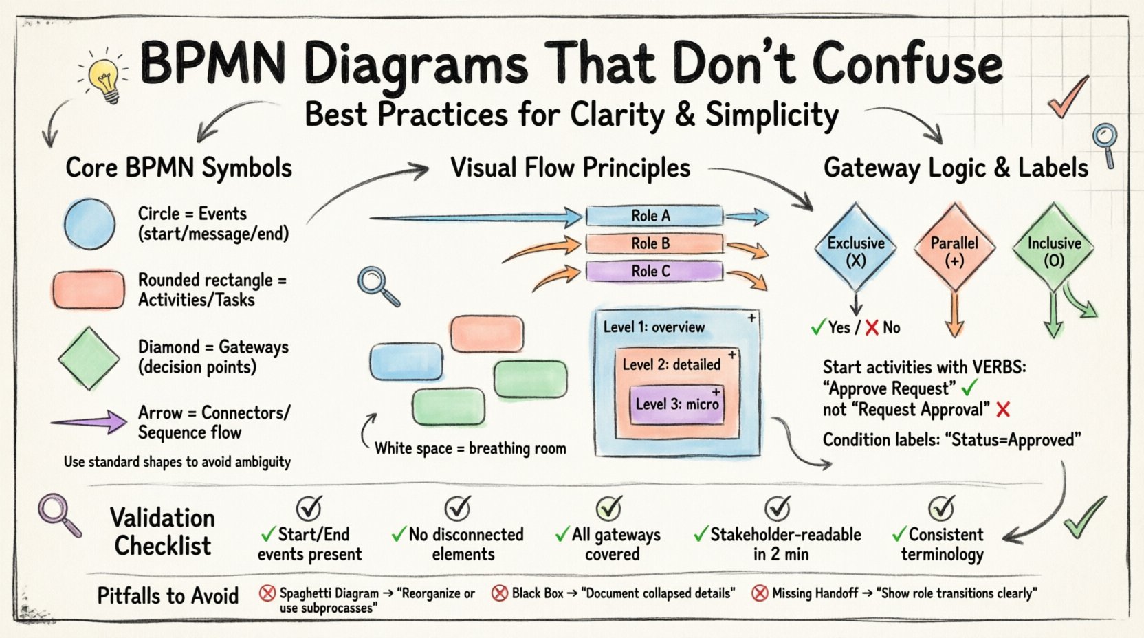 Marker-style infographic illustrating BPMN diagram best practices: core symbols (events, activities, gateways, connectors), decomposition hierarchy (Level 1-3), left-to-right flow direction, swimlane organization with 3-6 lanes, verb-based activity labeling, gateway types (Exclusive X, Parallel +, Inclusive O), validation checklist, and common pitfalls to avoid (spaghetti diagrams, black boxes, missing handoffs) for creating clear, stakeholder-friendly process models