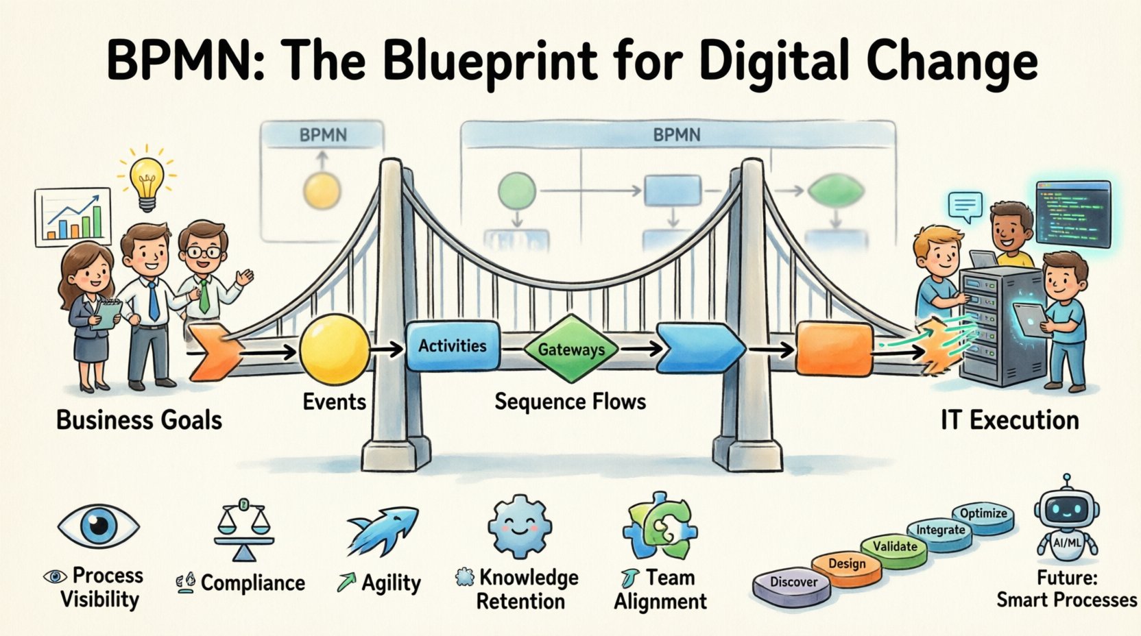 Cartoon infographic illustrating how BPMN (Business Process Model and Notation) drives digital transformation by bridging business goals and IT execution, featuring colorful BPMN symbols (events, activities, gateways, sequence flows), five strategic benefits (visibility, compliance, agility, knowledge retention, alignment), a 5-step implementation roadmap, and future AI/ML integration concepts