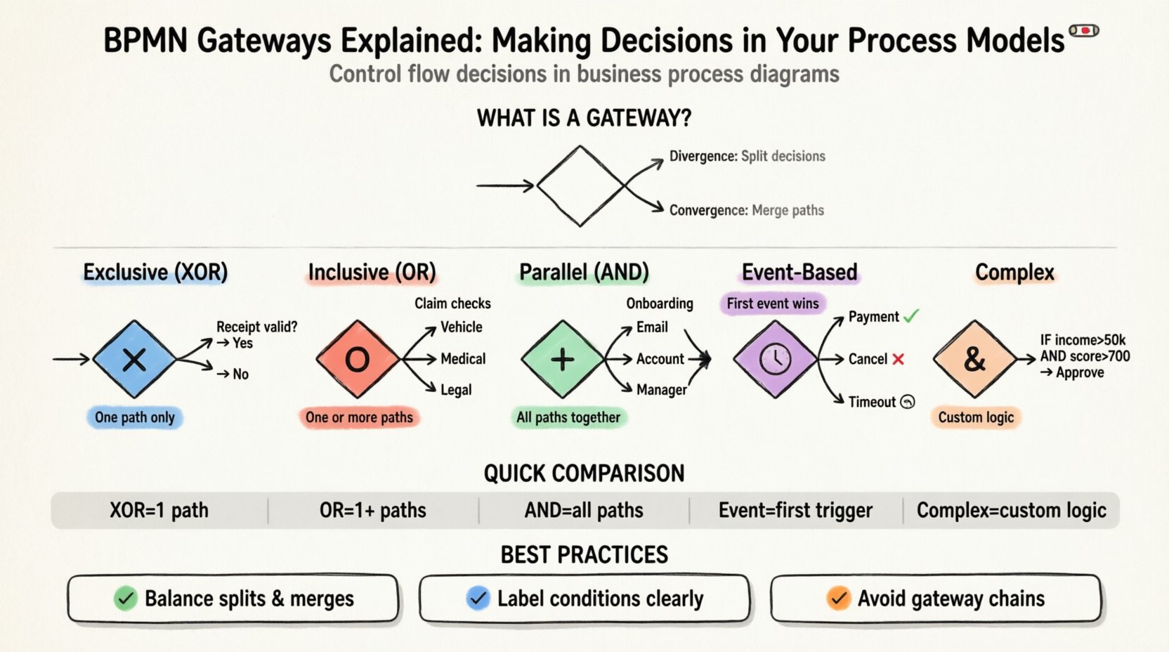 Infographic explaining five BPMN gateway types (Exclusive XOR, Inclusive OR, Parallel AND, Event-Based, Complex) with diamond symbols, logic descriptions, and simple flow examples in clean flat design with pastel colors and black outlines