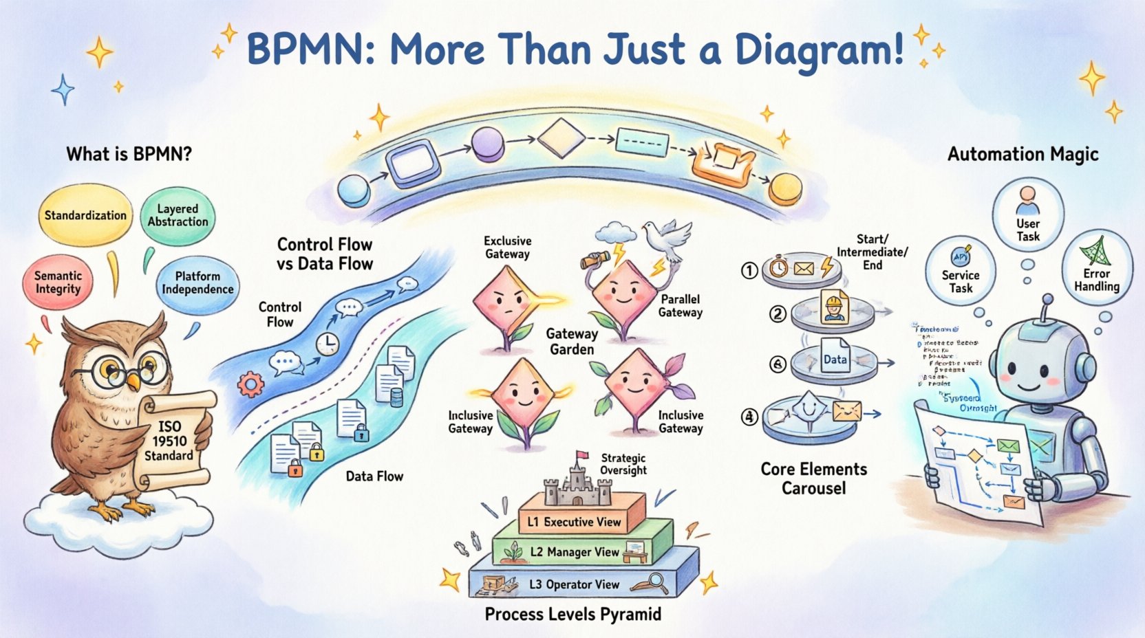 Whimsical 16:9 infographic illustrating the hidden power of BPMN (Business Process Model and Notation): a magical bridge connecting Business and IT worlds, featuring playful BPMN symbols including events, activities, gateways, data objects, and message flows; visual explanations of control flow vs data flow, gateway types (exclusive, parallel, inclusive, event-based), automation logic, process hierarchy levels (L1-L3), and strategic implementation steps—all rendered in a colorful, approachable storybook style with soft watercolor textures and clear English labels for educational clarity