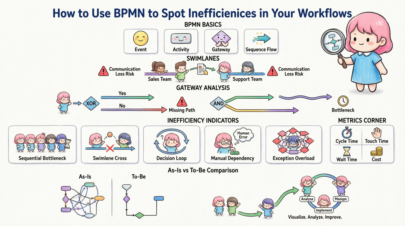 Chibi-style infographic explaining how to use Business Process Model and Notation (BPMN) to identify workflow inefficiencies. Features cute illustrated characters demonstrating BPMN elements (events, activities, gateways, sequence flows), swimlane handoff risks, gateway logic traps (XOR/AND), latency detection through events, exception handling patterns, data flow redundancies, and a visual comparison table of common inefficiencies. Includes As-Is vs To-Be process analysis, key metrics (cycle time, touch time, wait time, cost), sub-process simplification strategies, human-centric design considerations, and the continuous improvement cycle. Designed in playful chibi art style with 16:9 aspect ratio for easy sharing and presentation.
