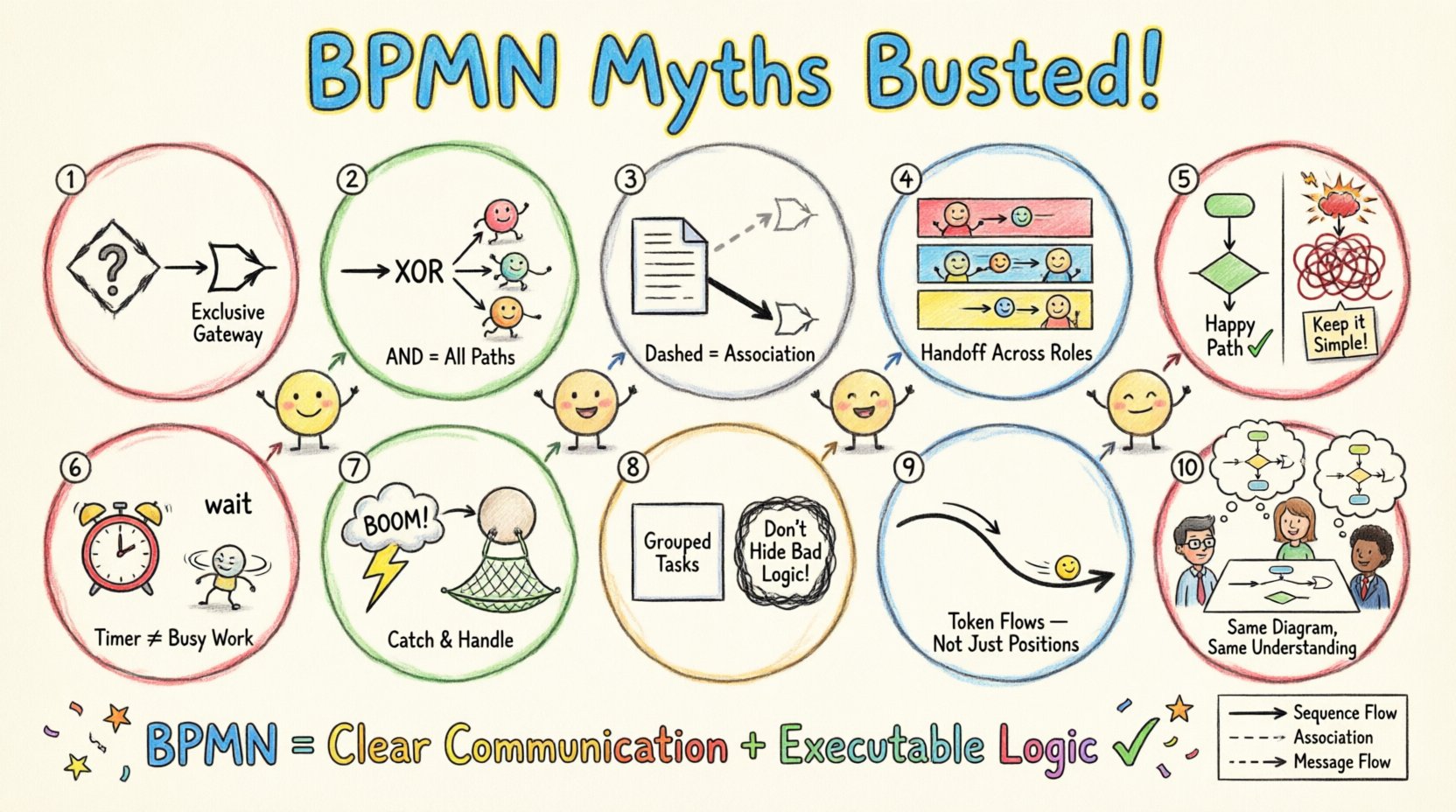 Child's drawing style infographic debunking 10 common BPMN misconceptions: flowchart confusion, gateway types (XOR/AND/OR), data objects vs flow objects, swimlane responsibilities, perfect model myth, intermediate events, error handling, subprocess usage, execution semantics vs visuals, and BPMN accessibility for business users. Features playful crayon-art BPMN symbols, smiling token character guide, correct vs incorrect usage comparisons, and key takeaway: BPMN combines clear communication with executable logic for effective workflow design.
