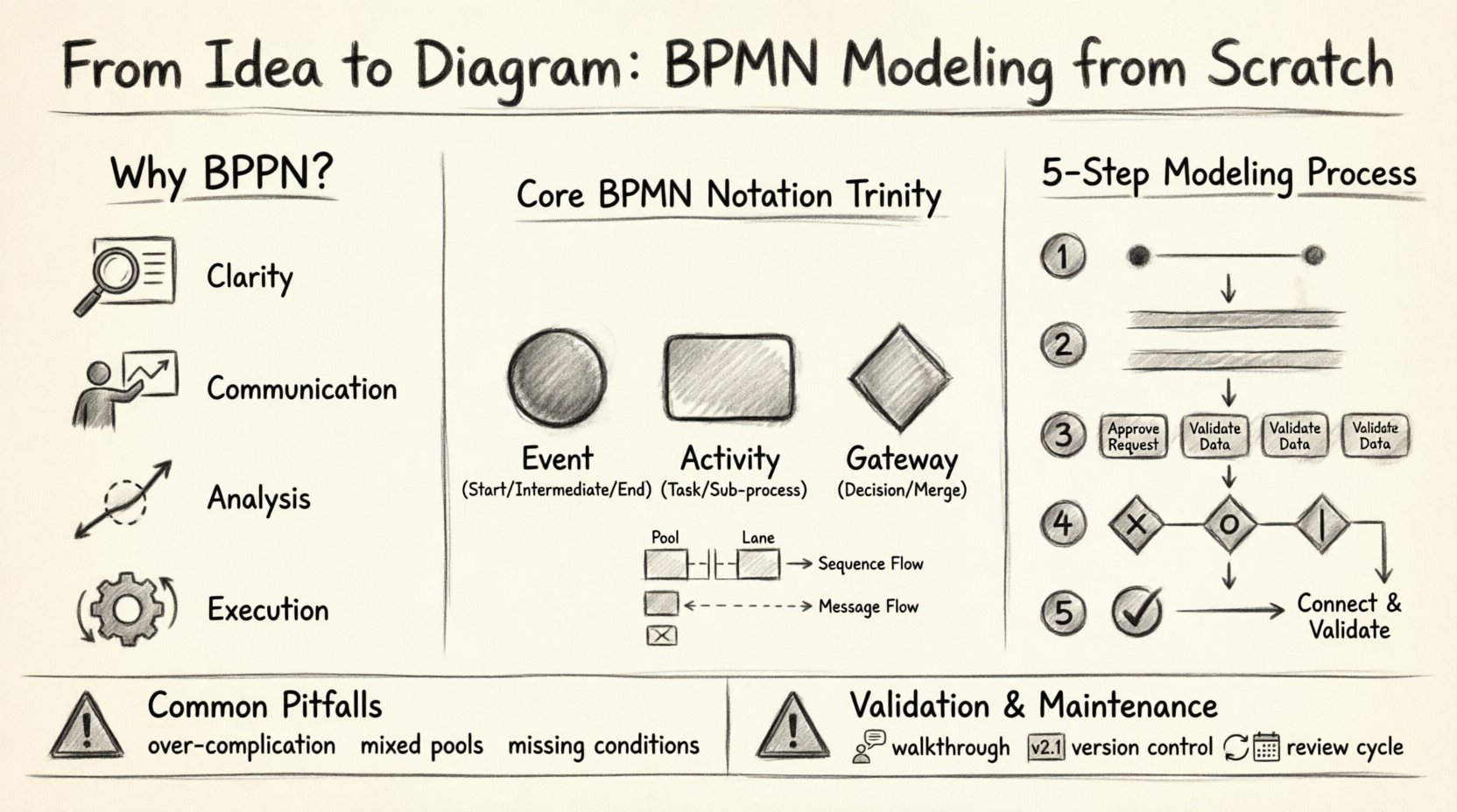 Charcoal sketch infographic illustrating BPMN modeling workflow: from preparation steps and core notation symbols (events, activities, gateways) to the 5-step modeling process, common pitfalls to avoid, and validation techniques for business process diagramming