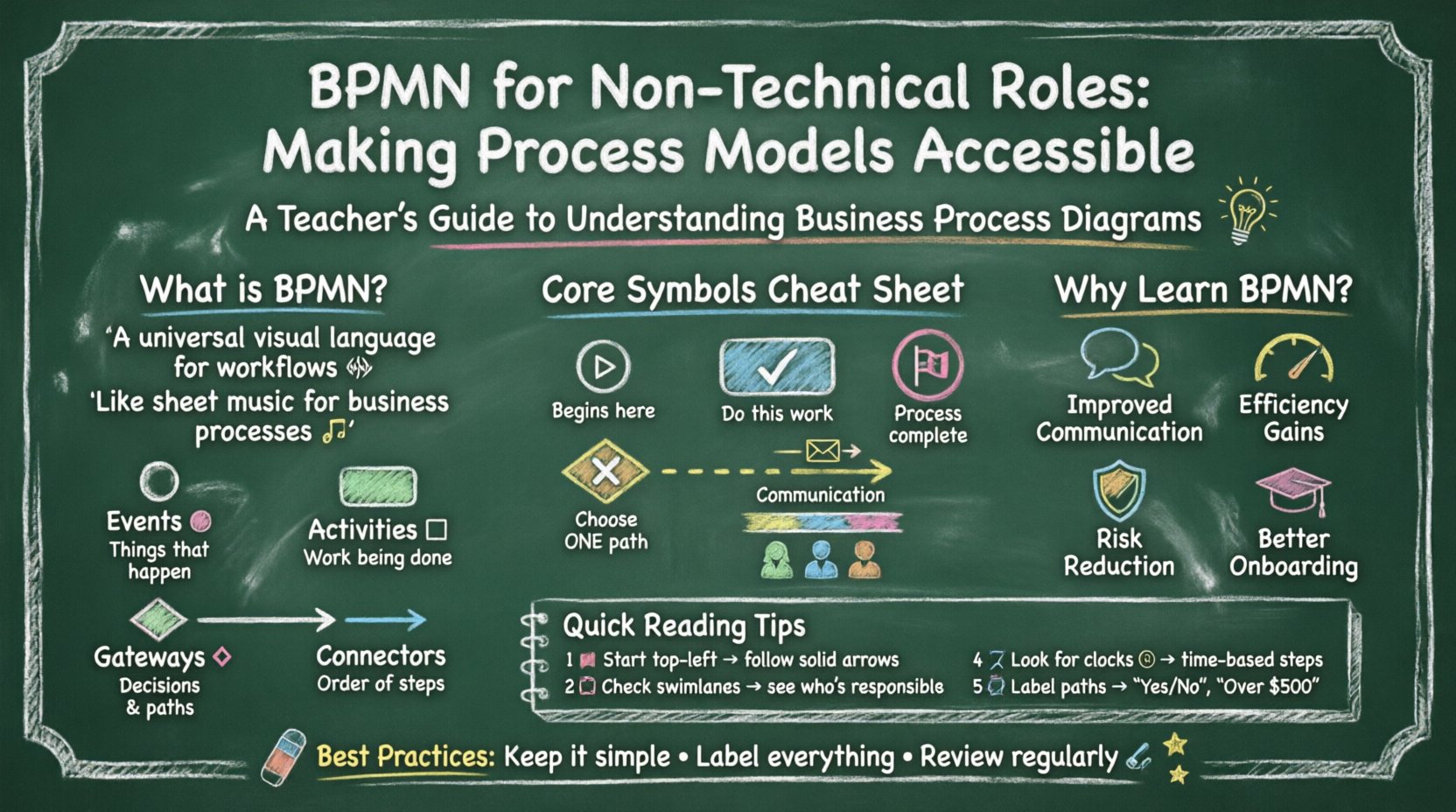 Chalkboard-style educational infographic explaining BPMN (Business Process Model and Notation) for non-technical professionals, featuring hand-drawn core symbols including events, activities, gateways, and connectors, plus swimlanes, key benefits, quick reading tips, and best practices for understanding business process diagrams