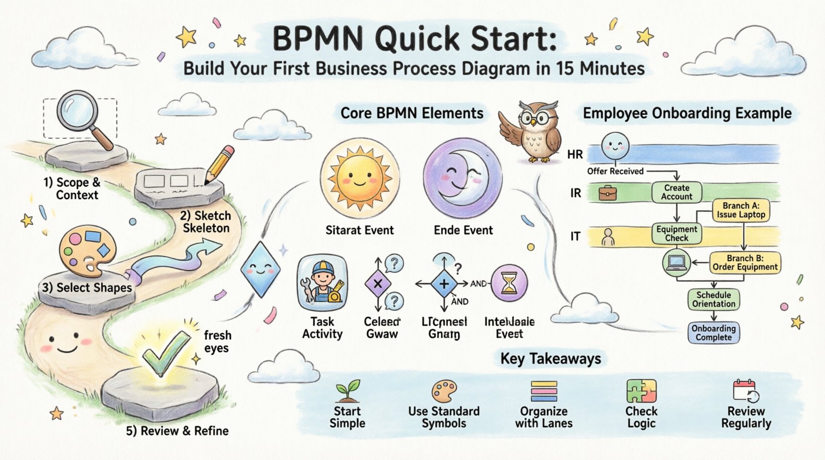 Whimsical infographic illustrating BPMN quick start guide: visualizes the 5-step workflow process for creating business process diagrams, core BPMN symbols including events circles, activity rectangles, and gateway diamonds, employee onboarding example with HR-IT-new hire swimlanes, and key takeaways for building clear process maps in 15 minutes