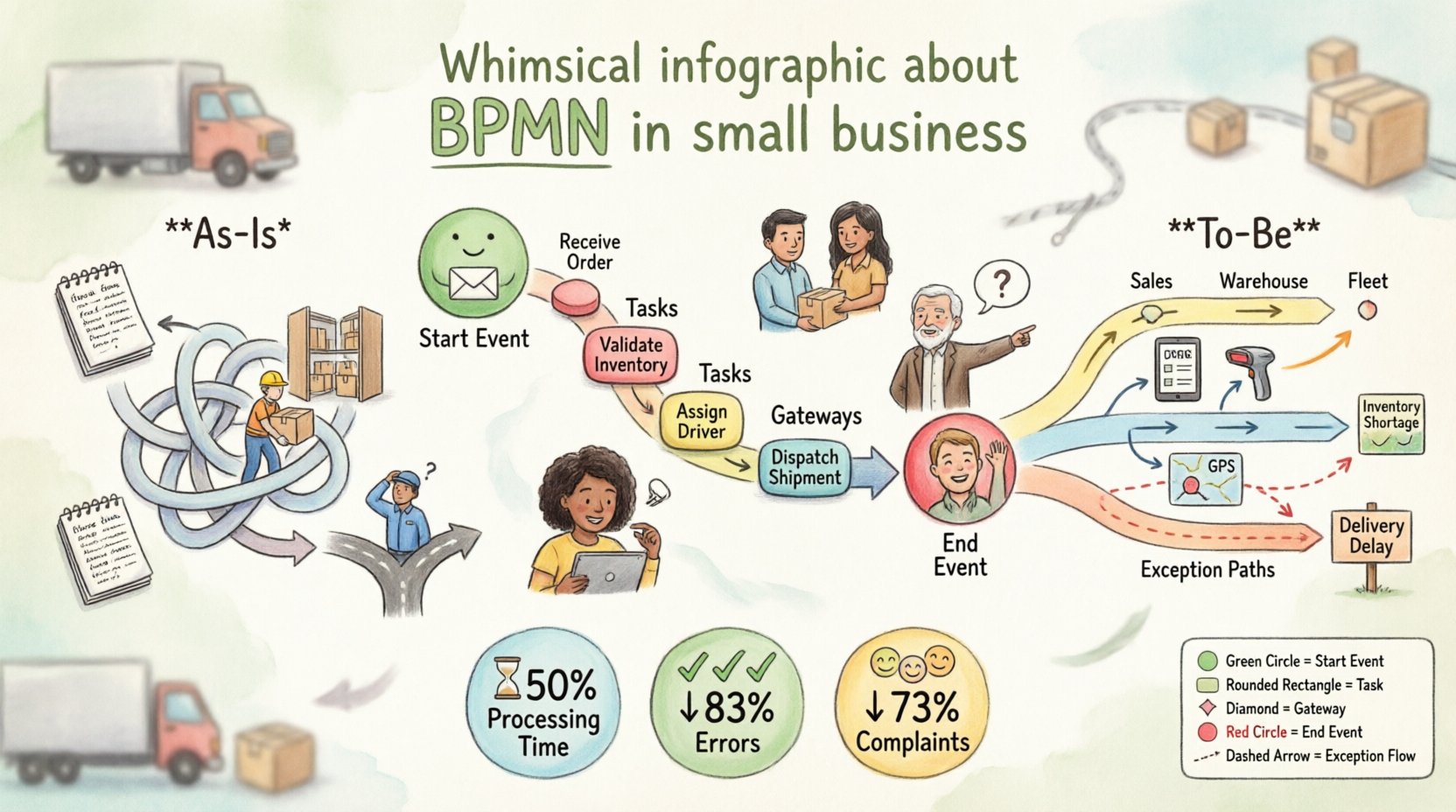 Whimsical infographic illustrating BPMN business process optimization for small businesses, featuring GreenLeaf Logistics case study with playful BPMN symbols (green start circle, task rectangles, diamond decision gateways, red end circle), before-and-after workflow comparison showing bottleneck resolution, key metrics displaying 50% faster processing time, 83% fewer data errors, and 73% reduced customer complaints, with cartoon-style warehouse team, delivery trucks, and streamlined process lanes in soft pastel watercolor style