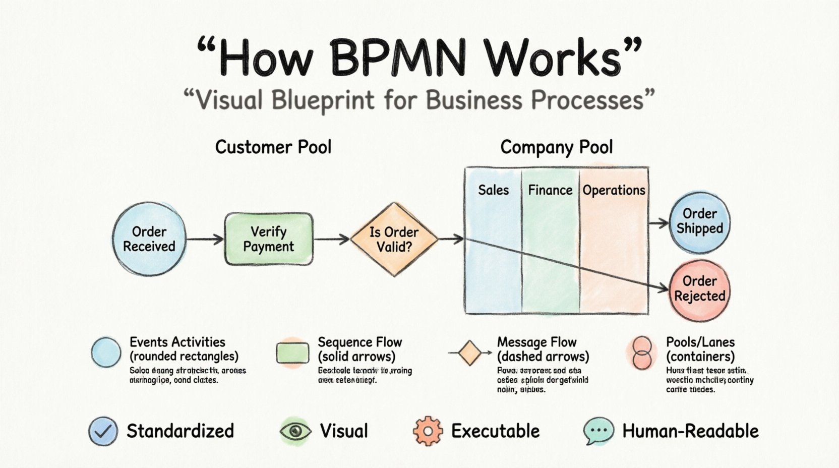 Marker-style infographic explaining BPMN basics: visual workflow diagram showing events (circles), tasks (rounded rectangles), gateways (diamonds), and swimlanes with a sample order processing flow, designed to help non-technical audiences understand business process modeling