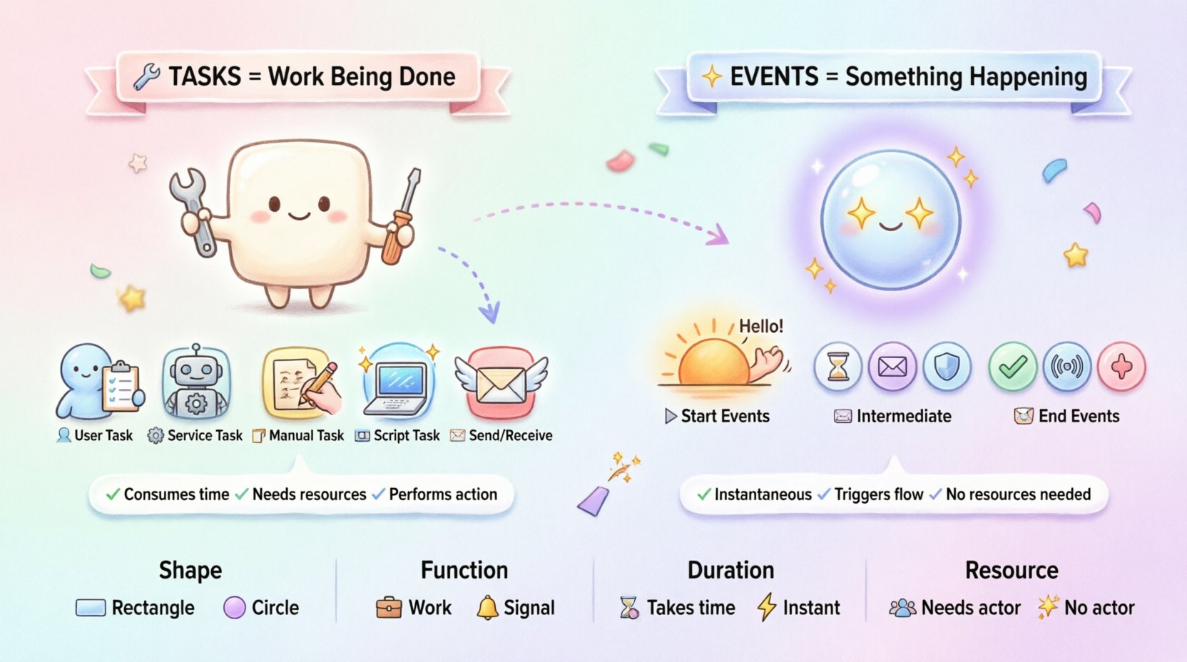 Kawaii-style infographic comparing BPMN Tasks and Events: Tasks (rounded rectangles) represent work being done like User Tasks, Service Tasks, and Script Tasks that consume time and resources; Events (circles) represent occurrences like Start, Intermediate, and End Events that trigger flow changes instantly; includes visual comparison of shapes, functions, duration, and resource requirements in pastel cute vector design