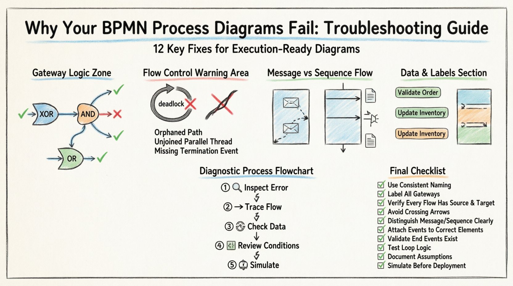 Marker-style infographic troubleshooting guide for BPMN process diagrams: visual checklist covering gateway logic errors, flow control deadlocks, message vs sequence flow distinctions, data object management, naming conventions, and a 5-step diagnostic process to prevent execution failures in business workflow models