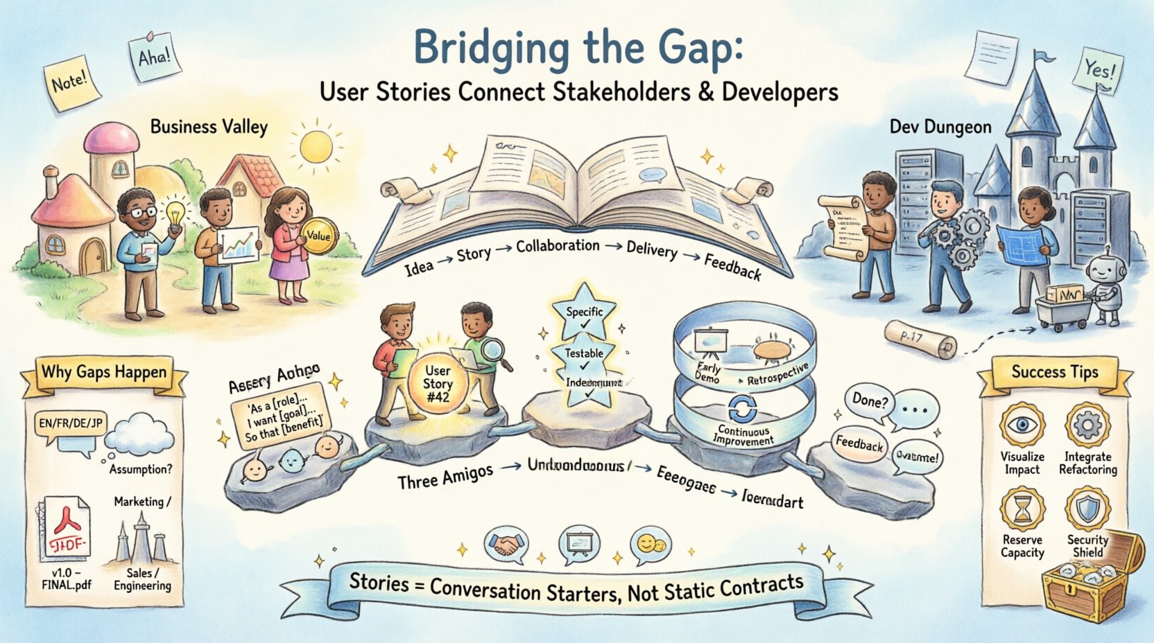 Whimsical infographic showing how user stories bridge communication between stakeholders and developers in software development, featuring the user story template (As a... I want... So that...), the Three Amigos collaboration model (Product Owner, Developer, QA Engineer), clear acceptance criteria checklist with Specific/Testable/Unambiguous/Independent markers, continuous feedback loops, and best practices for managing technical constraints - visualized as a charming storybook bridge connecting Business Valley and Dev Dungeon with playful characters, pastel colors, and hand-drawn elements