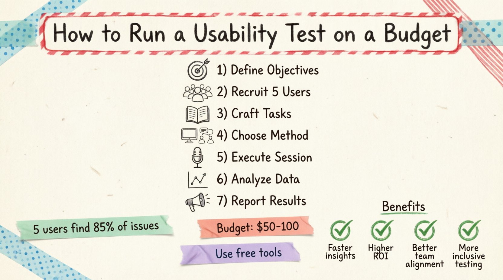 Infographic summarizing a 7-phase guide to running budget-friendly usability tests for new designers: define objectives, recruit 5 users, craft tasks, choose remote or in-person methods, execute sessions, analyze findings, and report results. Craft-style design with stamp and washi tape aesthetic highlights key stats: 5 users uncover 85% of issues, $50-100 budget using free tools like Zoom and built-in screen recording, plus benefits like early validation and stakeholder buy-in.