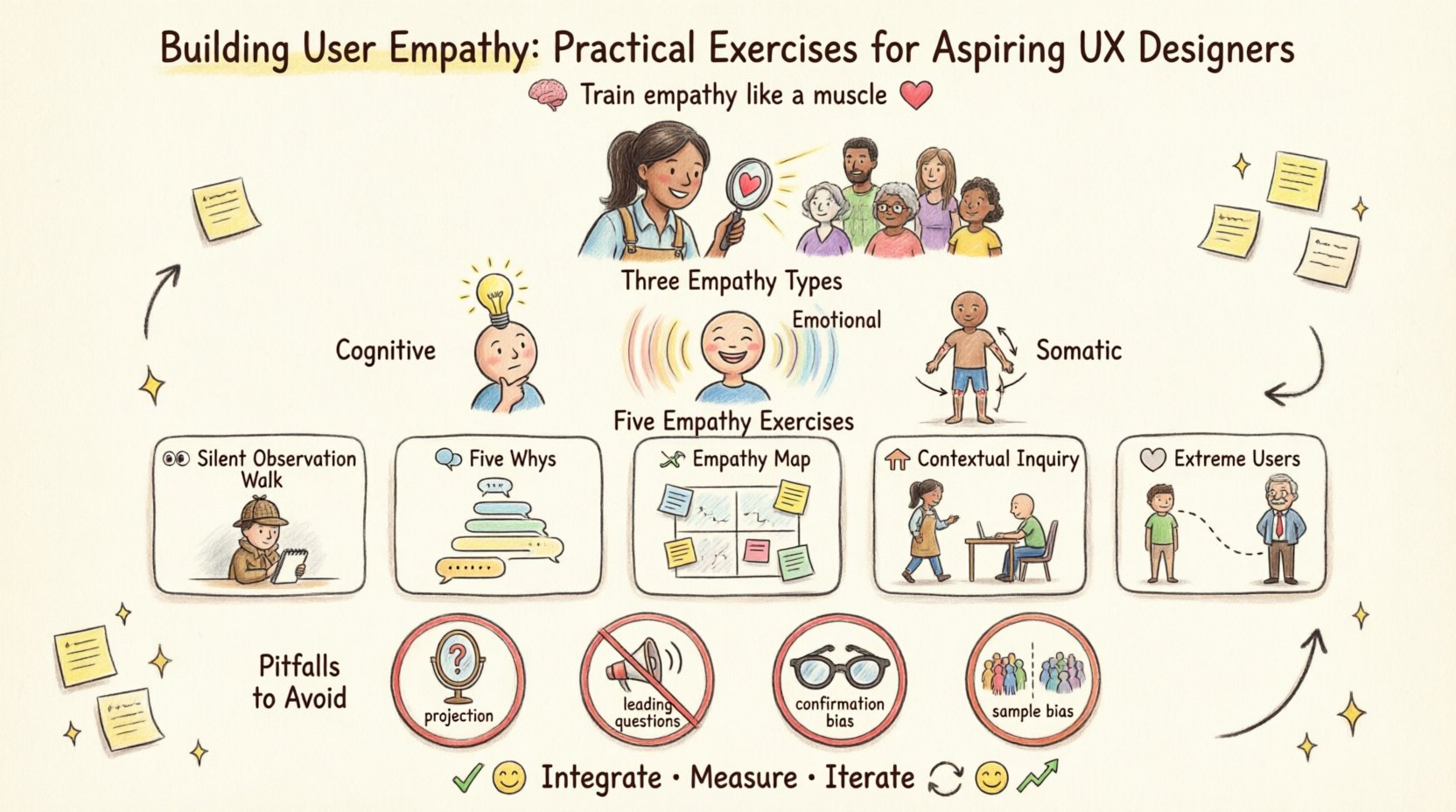 Whimsical infographic summarizing practical exercises for building user empathy in UX design: features three empathy types (cognitive, emotional, somatic), five hands-on exercises (Silent Observation Walk, Five Whys Interview, Empathy Map, Contextual Inquiry, Extreme User Interviews), common research pitfalls to avoid, and tips for integrating empathy into the design workflow with playful illustrations and pastel colors