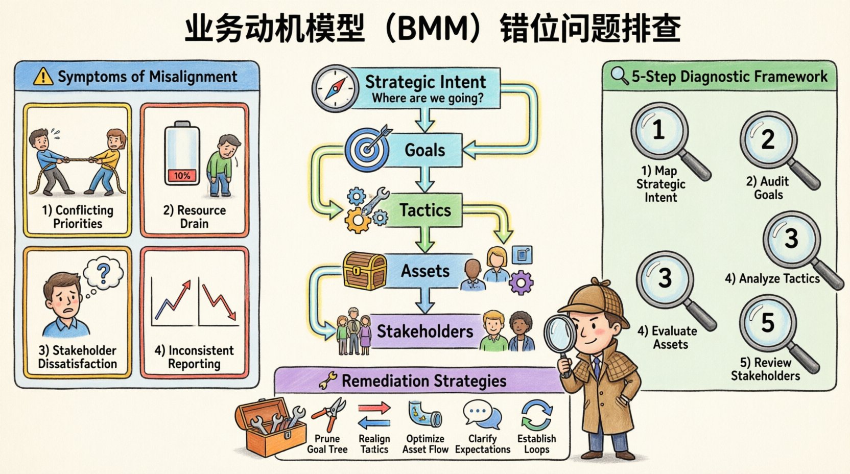 Cartoon infographic illustrating the Business Motivation Model (BMM) alignment troubleshooting process: showing core components (Strategic Intent, Goals, Tactics, Assets, Stakeholders), four symptoms of misalignment, five-step diagnostic framework, and remediation strategies for organizational coherence