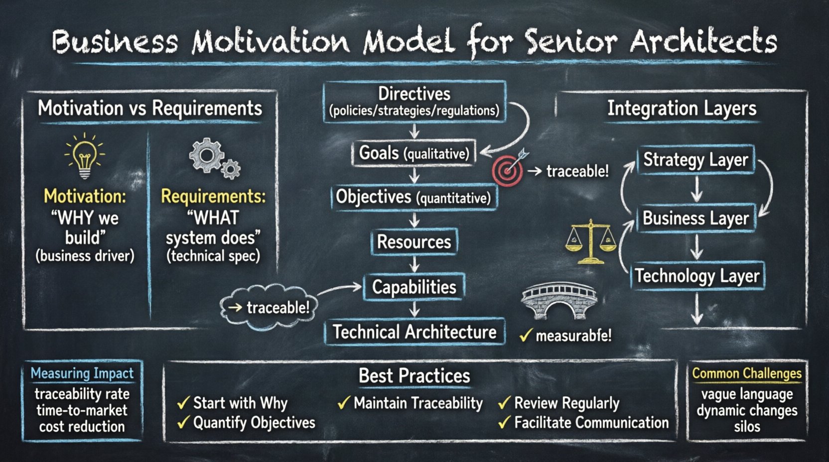 Chalkboard-style infographic explaining the Business Motivation Model (BMM) for senior architects, featuring hand-written teacher-style visuals that illustrate key components including directives, goals, objectives, resources, and capabilities; shows the distinction between motivation (why) and requirements (what), integration with enterprise architecture frameworks across strategy-business-technology layers, common implementation challenges, metrics for measuring alignment impact, and five best practices for aligning technical architecture with business strategy