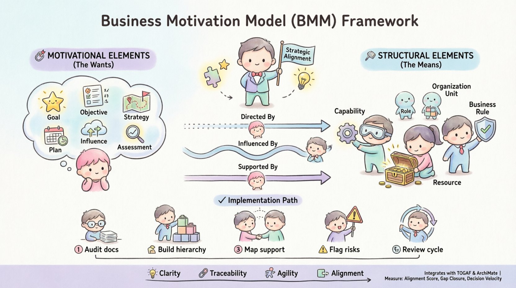 Chibi-style infographic illustrating the Business Motivation Model (BMM) framework for enterprise success, showing motivational elements (Goals, Objectives, Strategies, Plans) on the left, structural elements (Capabilities, Resources, Business Rules) on the right, connected by directional relationships (Directed By, Influenced By, Supported By), with a 5-step implementation path at the bottom and key benefits icons, all rendered in cute kawaii illustration style with pastel colors on 16:9 layout