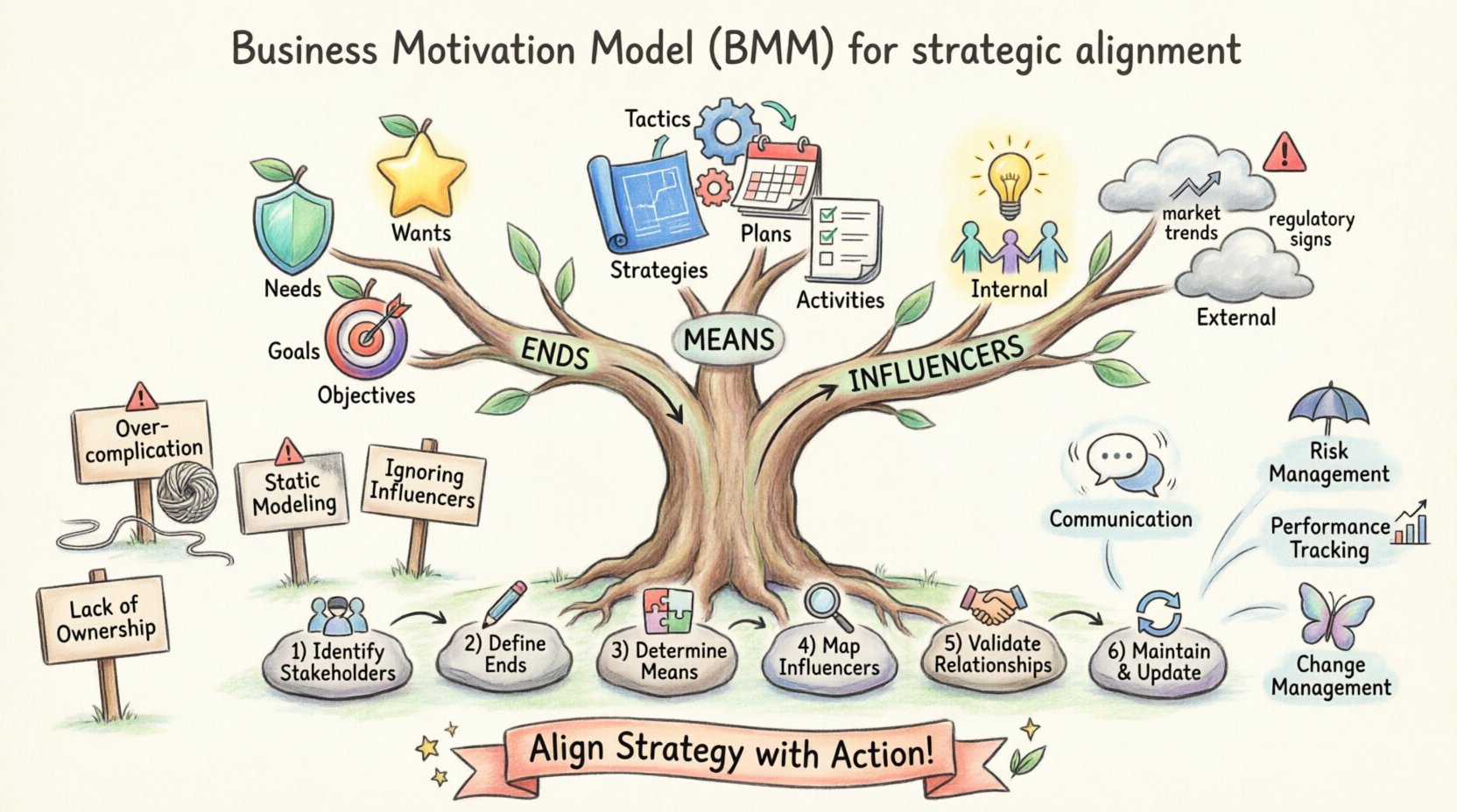 Whimsical infographic illustrating the Business Motivation Model (BMM) framework: a central tree diagram with three branches showing Ends (Needs, Wants, Goals, Objectives), Means (Strategies, Tactics, Plans, Activities), and Influencers (Internal/External factors), connected by a 6-step implementation path, with benefit icons and pitfall warnings, designed to help organizations align strategy with execution