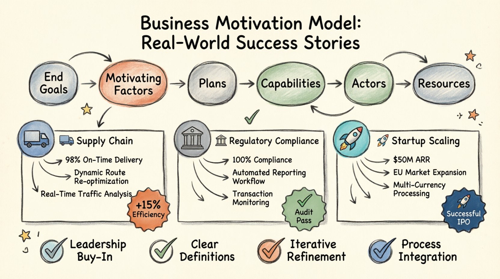 Hand-drawn infographic with thick outline strokes illustrating the Business Motivation Model framework: six core components (End Goals, Motivating Factors, Plans, Capabilities, Actors, Resources) connected in a logical flow. Features three real-world case studies side-by-side: logistics company achieving 15% on-time delivery improvement through dynamic routing and real-time traffic analysis; regional bank reaching 100% regulatory compliance via automated reporting and transaction monitoring; tech startup scaling to $50M ARR by expanding into European markets with multi-currency payment processing. Each case study visually maps strategic goals to operational capabilities. Bottom section highlights four key success factors: leadership buy-in, clear definitions, iterative refinement, and process integration. Warm color palette with sketchy arrows, handwritten-style English labels, and doodle elements for an approachable yet professional business presentation aesthetic.