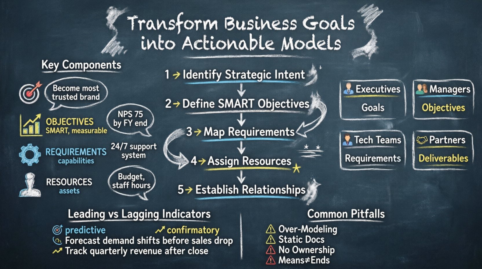Chalkboard-style infographic illustrating the Business Motivation Model framework: shows hierarchy from Goals to Objectives to Requirements to Resources, 5-step transformation process (Identify Intent, Define SMART Objectives, Map Requirements, Assign Resources, Establish Relationships), stakeholder alignment matrix for executives/managers/tech teams/partners, leading vs lagging indicators comparison, and common implementation pitfalls with mitigation strategies, all presented in hand-written teacher-style chalk aesthetic on dark slate background