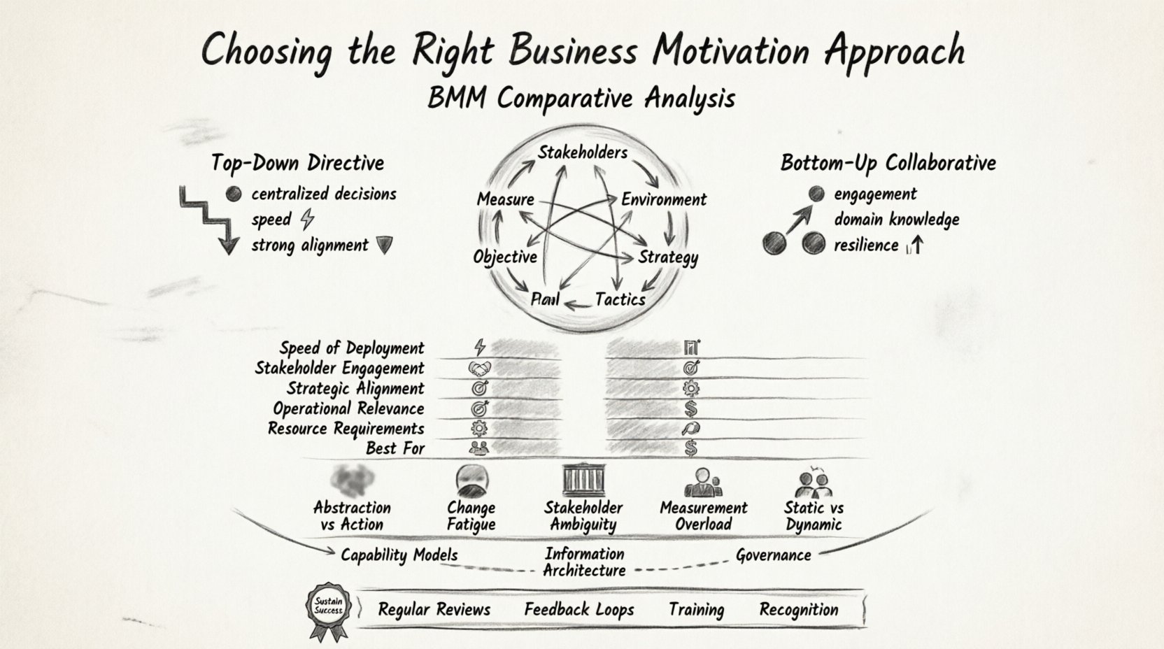 Charcoal sketch infographic comparing Top-Down Directive vs Bottom-Up Collaborative Business Motivation Model (BMM) implementation approaches, visualizing core elements (Stakeholders, Strategy, Goals, Measures), decision dimensions (speed, engagement, alignment), common challenges, and enterprise architecture integration to guide organizational strategy selection