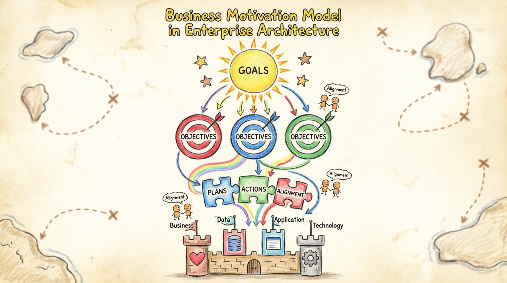 A colorful child's drawing style infographic illustrating the Business Motivation Model (BMM) for Enterprise Architecture, showing a flow from goals (sun and stars) through objectives (targets), plans and actions (puzzle pieces), down to an enterprise castle with four architecture domain towers, connected by rainbow arrows to visualize strategic alignment in a playful, educational crayon-art style