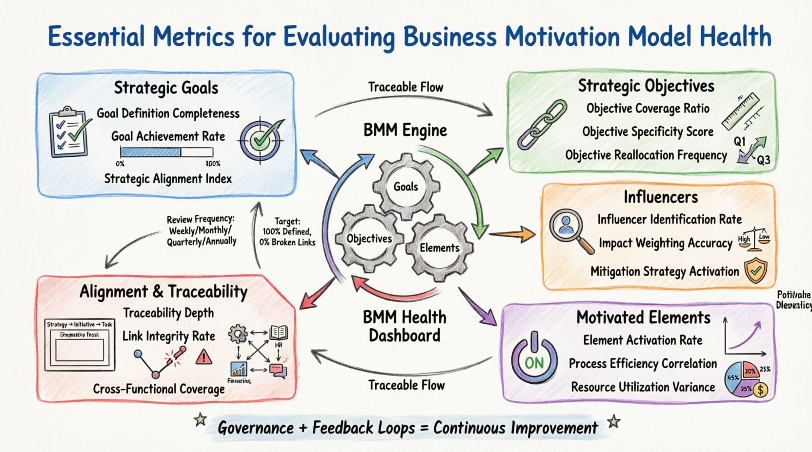 Hand-drawn whiteboard infographic showing 15 essential metrics for evaluating Business Motivation Model health, organized into five color-coded categories: Strategic Goals (blue), Strategic Objectives (green), Influencers (orange), Motivated Elements (purple), and Alignment & Traceability (red), with visual indicators for goal completion rates, objective specificity, influencer impact weighting, process efficiency correlation, and link integrity, plus governance feedback loops for continuous strategic improvement