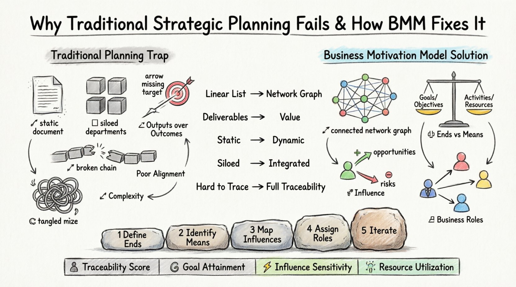Hand-drawn infographic comparing traditional strategic planning pitfalls versus Business Motivation Model (BMM) solutions, featuring split-layout design with icons for static documents, siloed departments, and broken alignment on the left, contrasted with connected network graphs, Ends vs Means framework, influence mapping, and business roles on the right, plus a 5-step implementation path and key performance metrics for strategic alignment
