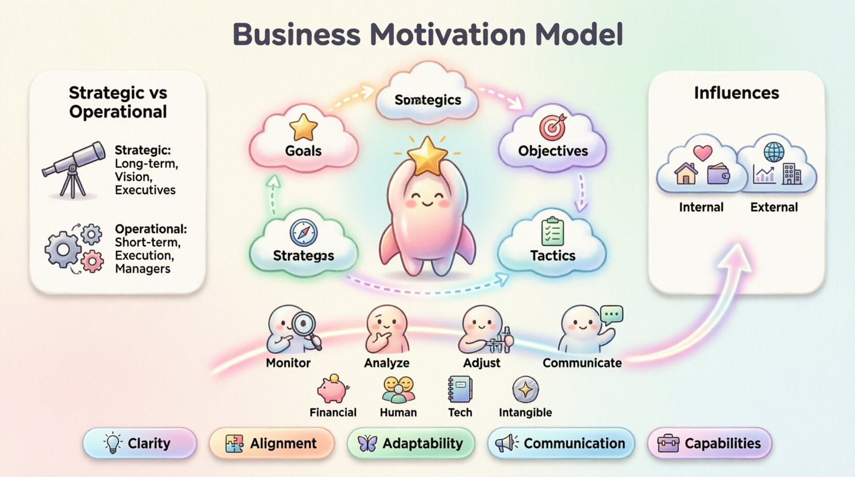 Kawaii-style infographic illustrating the Business Motivation Model with pastel vector graphics showing core elements: Goals, Objectives, Strategies, and Tactics flow diagram; Strategic vs Operational planning comparison; Internal and External influences; Resource types (Financial, Human, Technological, Intangible); Feedback loop cycle; and five key takeaways for effective business alignment, all presented with cute rounded icons and soft colors for intuitive understanding