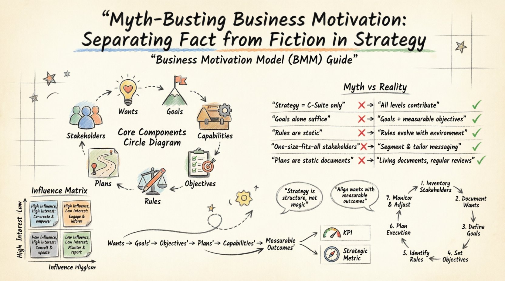Hand-drawn infographic illustrating the Business Motivation Model (BMM): features seven core components (Stakeholders, Wants, Goals, Objectives, Rules, Plans, Capabilities) connected in a visual flowchart; debunks five common strategy myths with reality checks including 'Strategy requires all-level input' and 'Plans are living documents'; displays a stakeholder influence matrix, KPI vs Strategic Metrics comparison, and a 7-step implementation cycle for aligning organizational wants with measurable outcomes and continuous improvement.