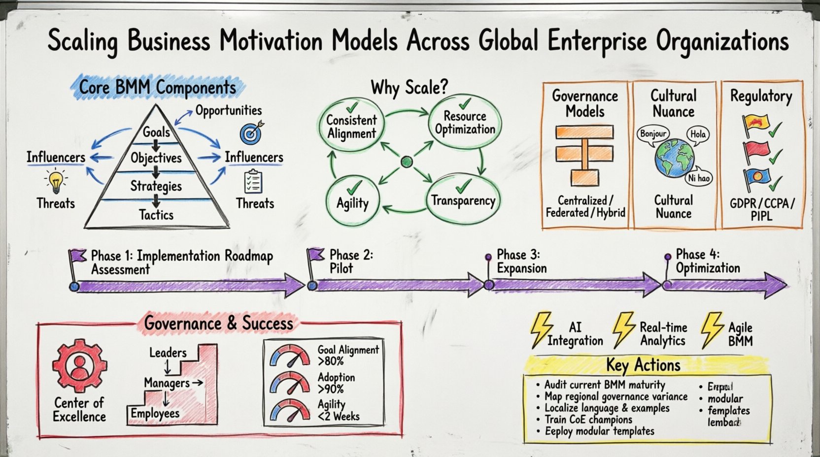 Hand-drawn whiteboard infographic illustrating how to scale the Business Motivation Model (BMM) across global enterprises: core components pyramid (Goals→Objectives→Strategies→Tactics), scaling benefits, governance models, 4-phase implementation roadmap, success metrics dashboard, and future-ready considerations with color-coded marker sections