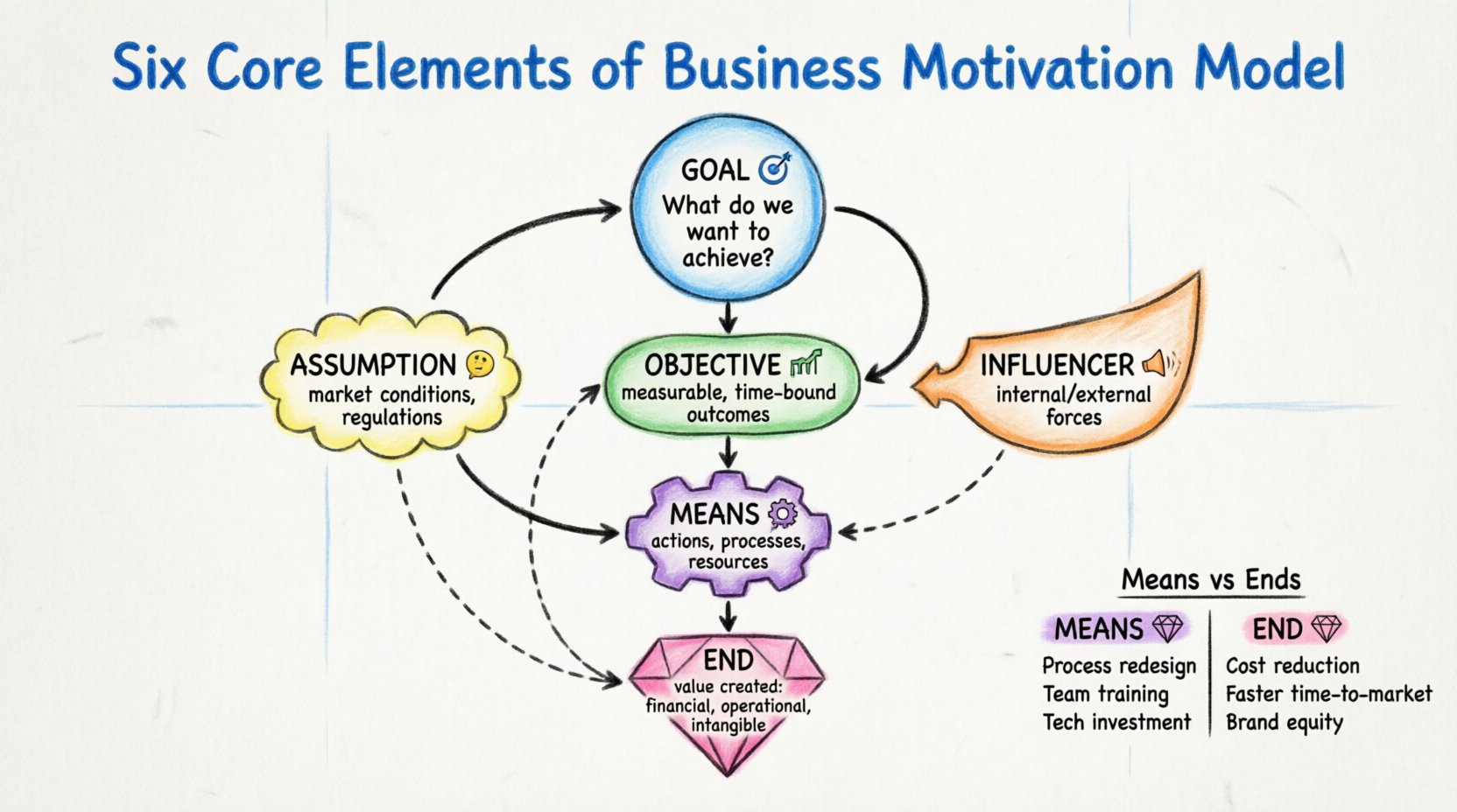 Marker illustration infographic of the Business Motivation Model (BMM) showing six interconnected core elements in a hierarchical flow: Goal (๐ฏ high-level intent and primary motivation), Objective (๐ measurable, time-bound outcomes linked to goals), Assumption (๐ค contextual conditions required for success), Influencer (๐ข external and internal forces impacting strategy), Means (๐ ๏ธ controllable actions and processes), and End (๐ value or results created). Visual connectors demonstrate traceability from strategic vision to operational execution, with Assumptions and Influencers surrounding the framework as contextual factors. Includes a compact Means vs. Ends comparison highlighting control versus value focus. Hand-drawn marker art style with color-coded elements, soft shading, and clear English labels on a 16:9 canvas for strategic planning and business architecture reference.