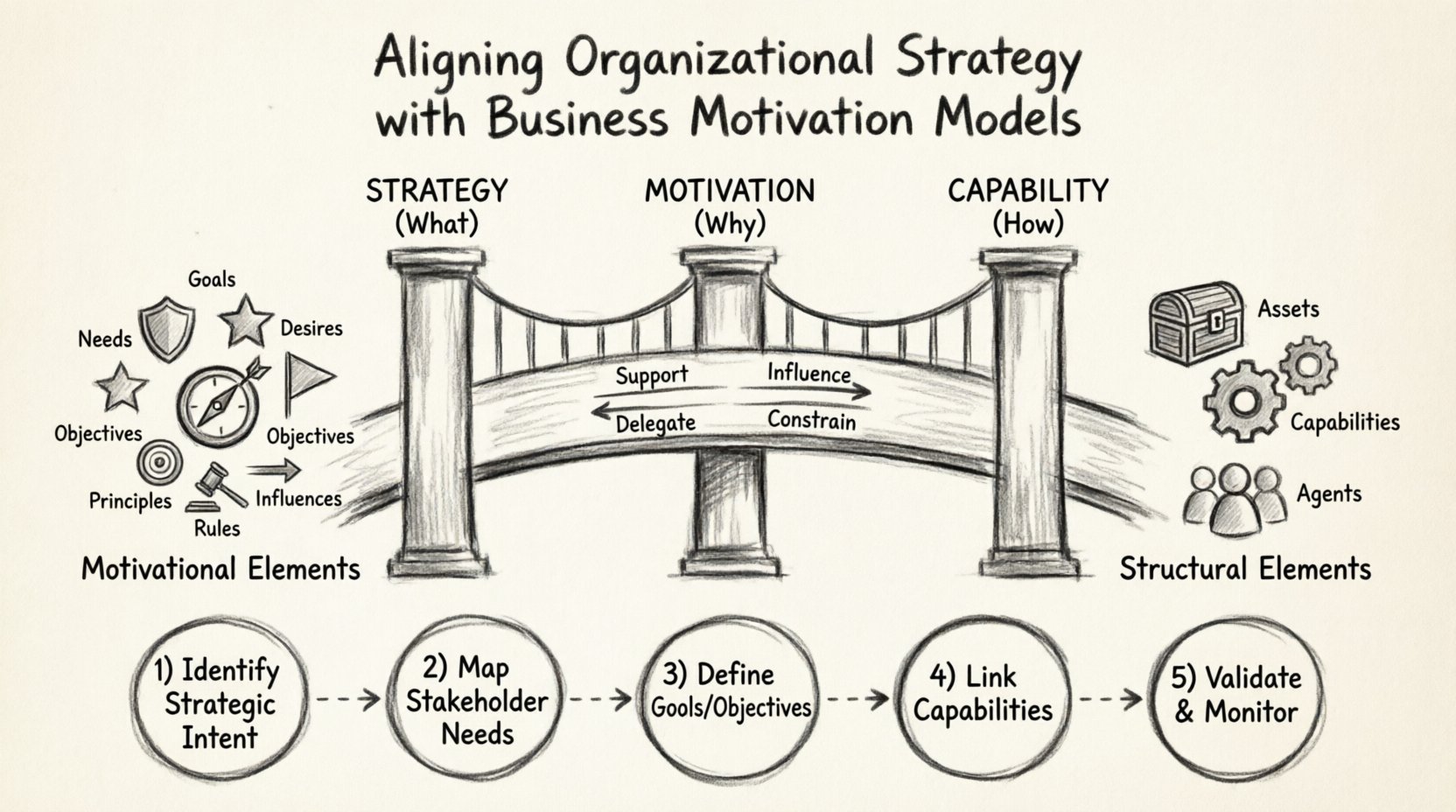 Charcoal contour sketch infographic showing alignment of organizational strategy with Business Motivation Model (BMM), featuring a central bridge connecting Strategy (What), Motivation (Why), and Capability (How) pillars, with motivational elements (needs, desires, goals, objectives, principles, rules, influences), structural elements (assets, capabilities, agents), relationship arrows (support, influence, delegate, constrain), and a 5-step alignment process flowchart for business architects and strategists