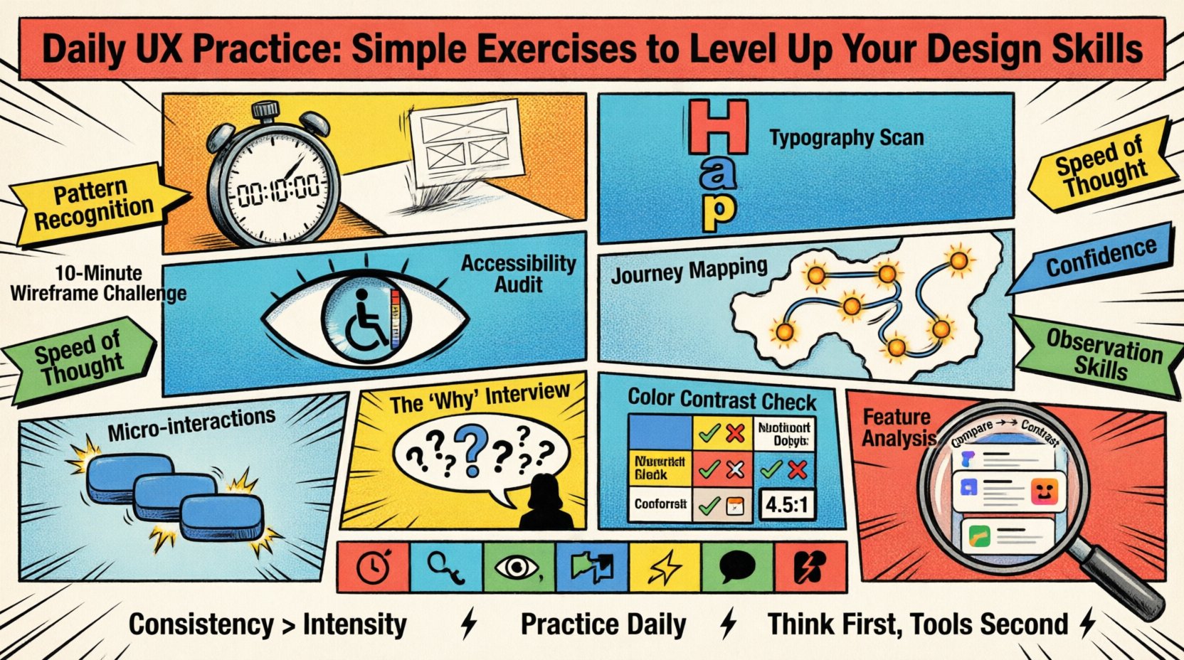 Comic book style infographic in 16:9 format illustrating eight daily UX design exercises: wireframe challenges, typography hierarchy scans, accessibility audits, journey mapping, micro-interaction sketching, 'Why' interviews, color contrast checks, and competitor analysis, with a weekly practice schedule and key benefits like pattern recognition and improved design confidence