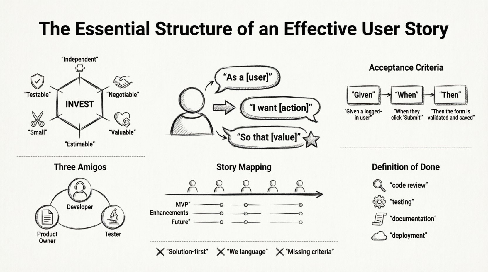 Line art infographic illustrating the essential structure of an effective Agile user story: featuring the 'As a/I want/So that' template, INVEST model checklist (Independent, Negotiable, Valuable, Estimable, Small, Testable), Gherkin acceptance criteria syntax (Given/When/Then), story mapping visualization, Three Amigos collaboration framework, and Definition of Done checklist – a visual guide for product teams to write clear, valuable, and testable user stories