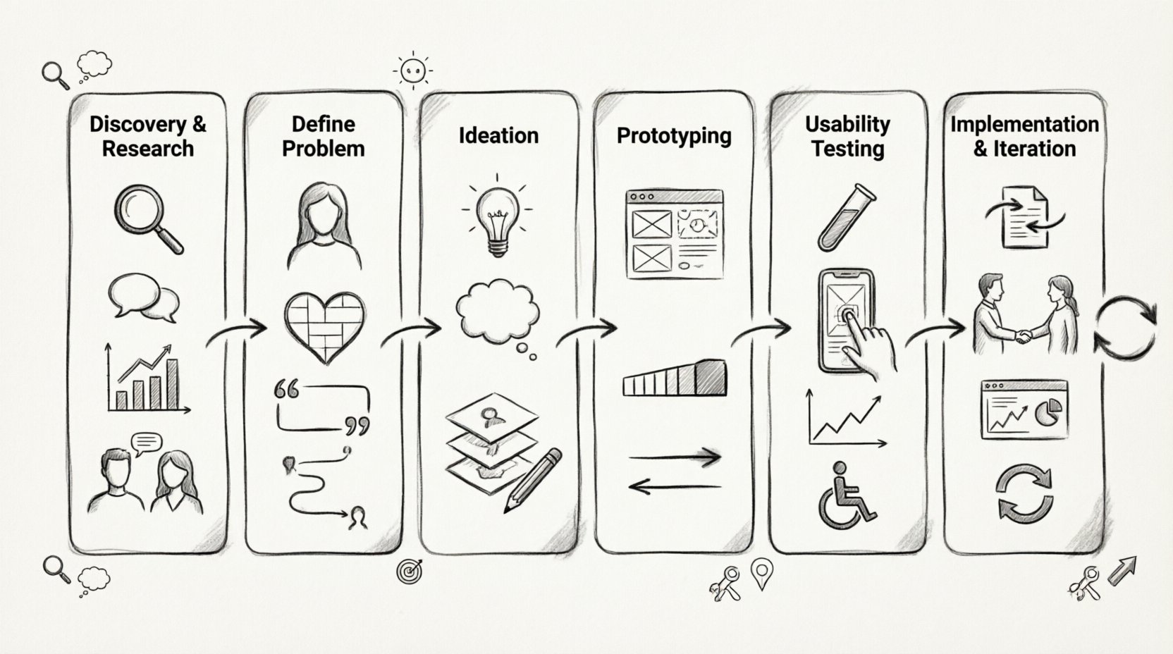 Line art infographic illustrating the six-phase end-to-end UX design process for students and career switchers: discovery research, problem definition, ideation, prototyping, usability testing, and implementation iteration, with key methods, tools, and deliverables for each stage in a clean minimalist style