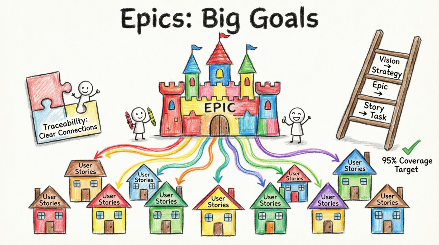Child-style crayon drawing infographic illustrating agile project management traceability: a large colorful Epic castle at top connected by rainbow strings to smaller User Story houses below, showing clear hierarchy and requirement linking for software development teams