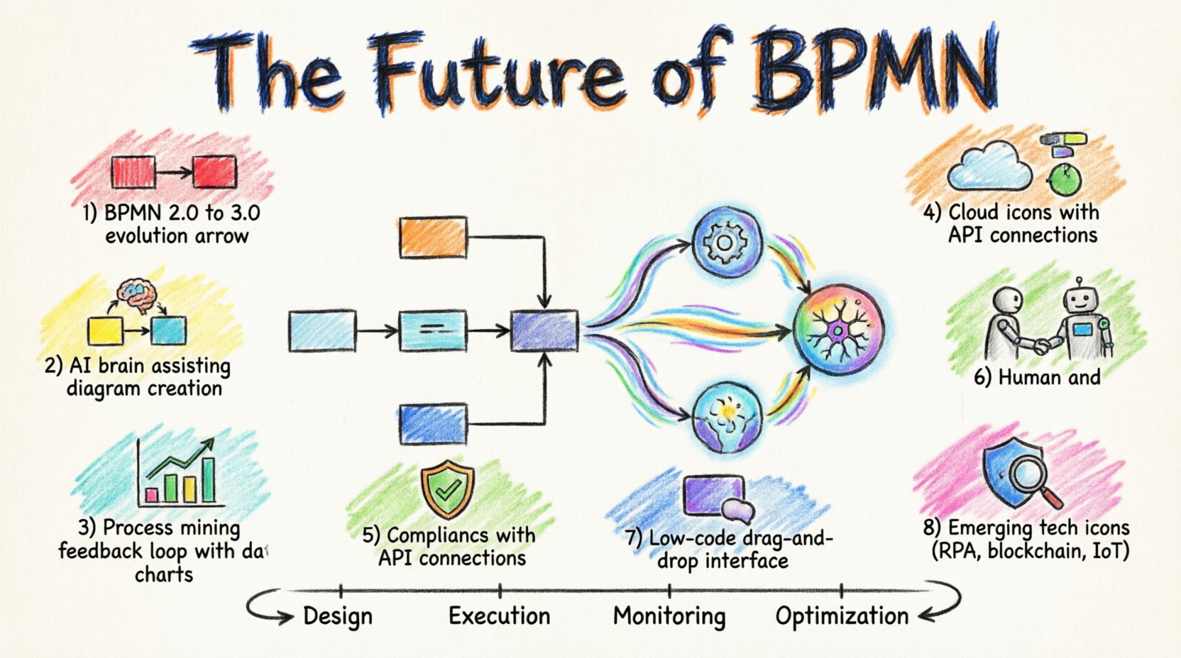 Marker illustration infographic showing the future of BPMN process modeling with eight key evolution areas: BPMN 2.0 to 3.0 adaptive flows, AI-driven diagram generation, process mining feedback loops, cloud-native API-first design, compliance automation, human-machine collaboration, low-code citizen development, and emerging tech integration including RPA, blockchain, and IoT, all connected through a central evolution hub with a continuous improvement cycle timeline