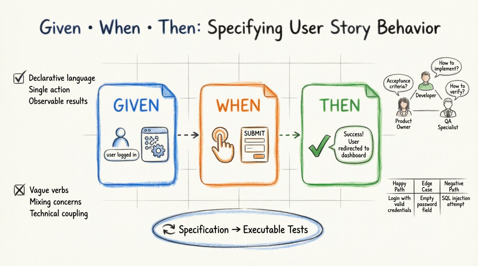 Marker illustration infographic explaining Given When Then syntax for Behavior Driven Development: shows the three-part structure (Given=context, When=trigger, Then=outcome), best practices, common pitfalls, team collaboration roles, and a password reset example to help software teams write clear, testable user story specifications